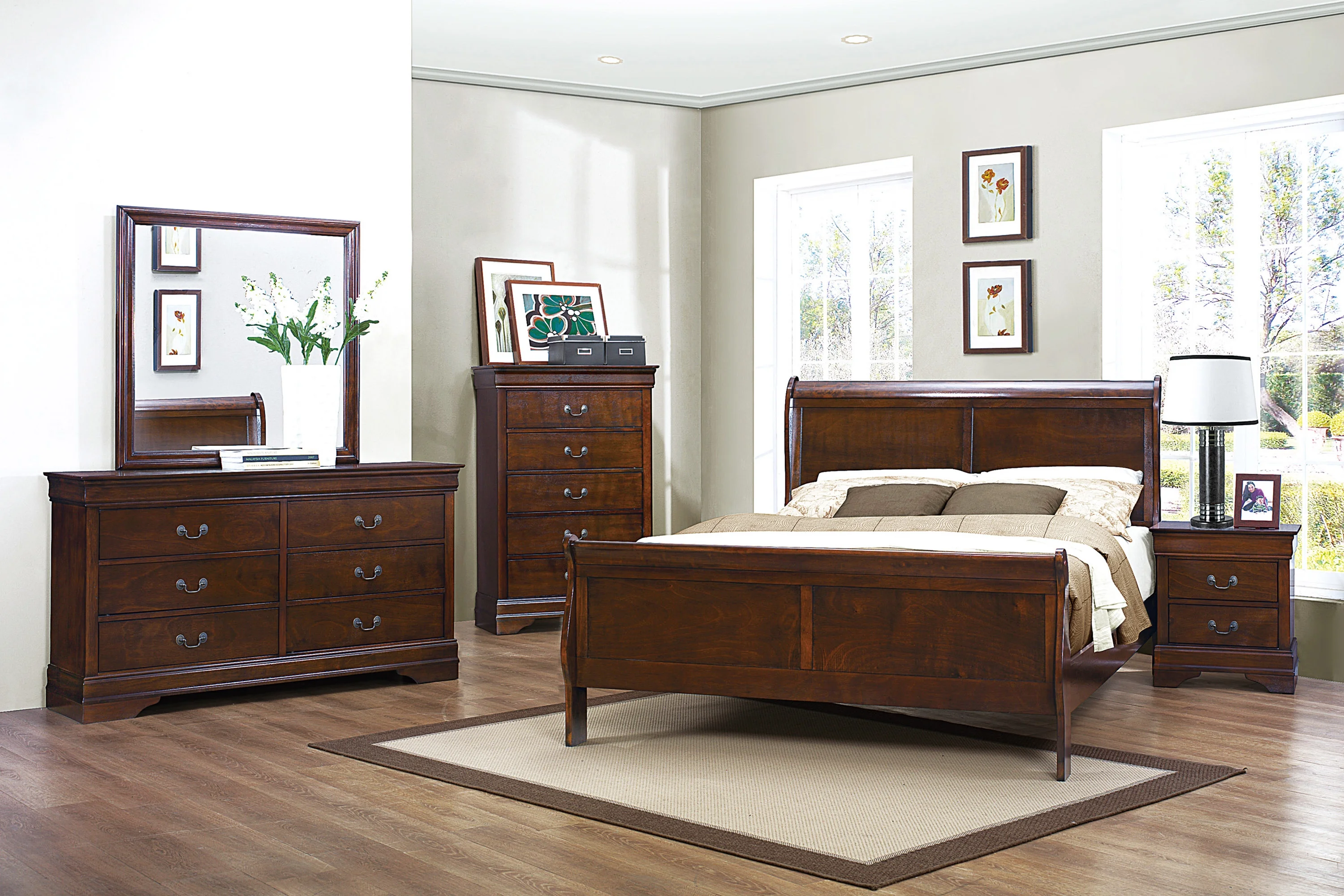 GeeHome Classic Louis Philipe Style Full Bed Brown Cherry Finish 1pc Traditional Design Bedroom Furniture Sleigh Bed
