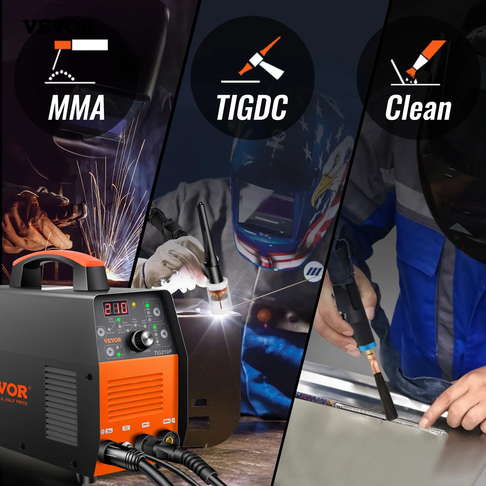 2026 VEVOR 210Amp TIG Welder 110/220V Dual Voltage HF TIG/Stick/Clean 3 in 1 Welder w/ Pulse, IGBT Inverter & Torch, Digital Arc Welding Machine for Stainless Steel, Iron, Mild Steel, Copper, and Nickel