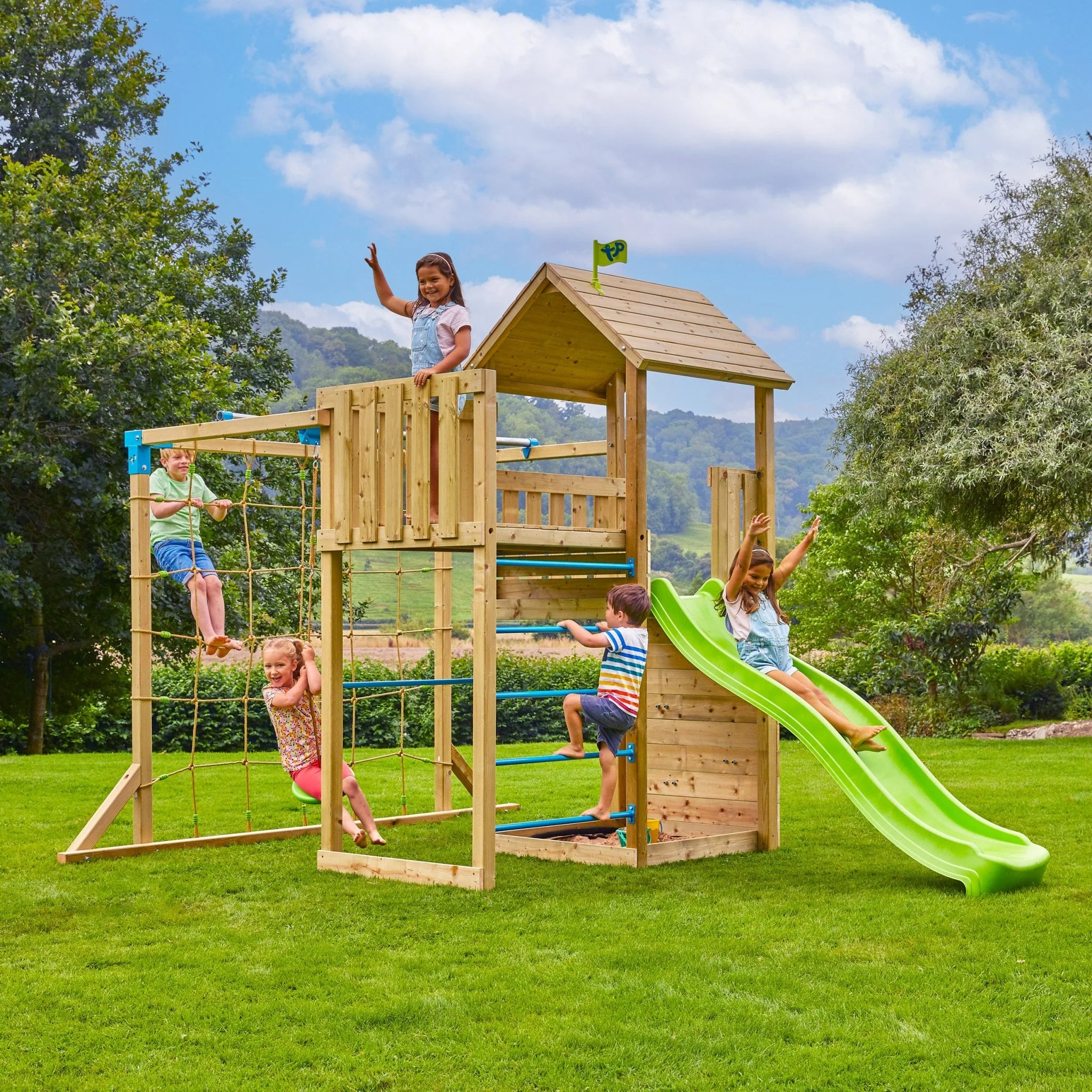 TP Skywood Wooden Tower Climbing Frame with Ripple Slide, Sky Deck, Skyline & Flying Fox Add On - FSC® certified