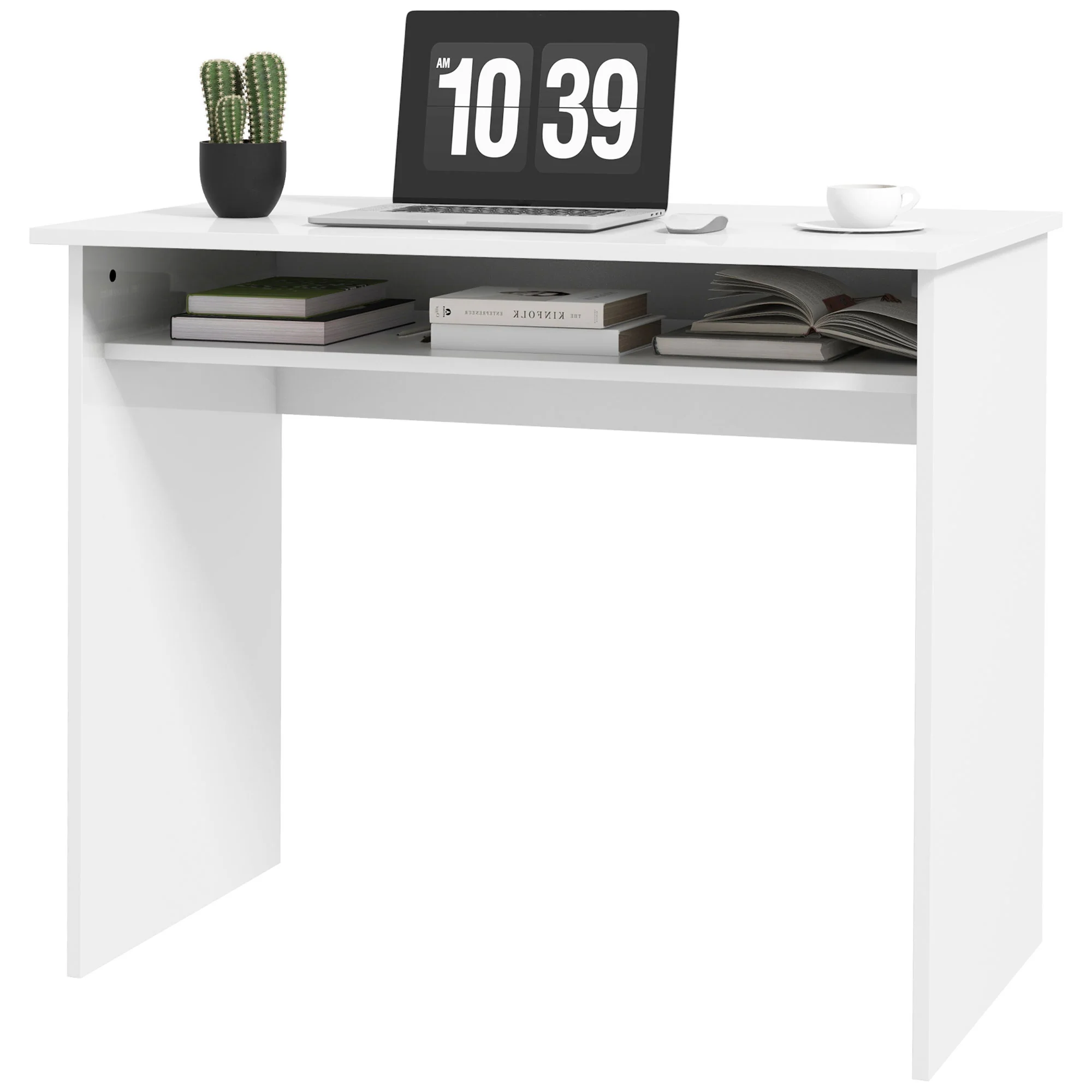 Modern Computer Desk, Small Writing Desk with Storage Shelf, 90 x 50cm, High Gloss White