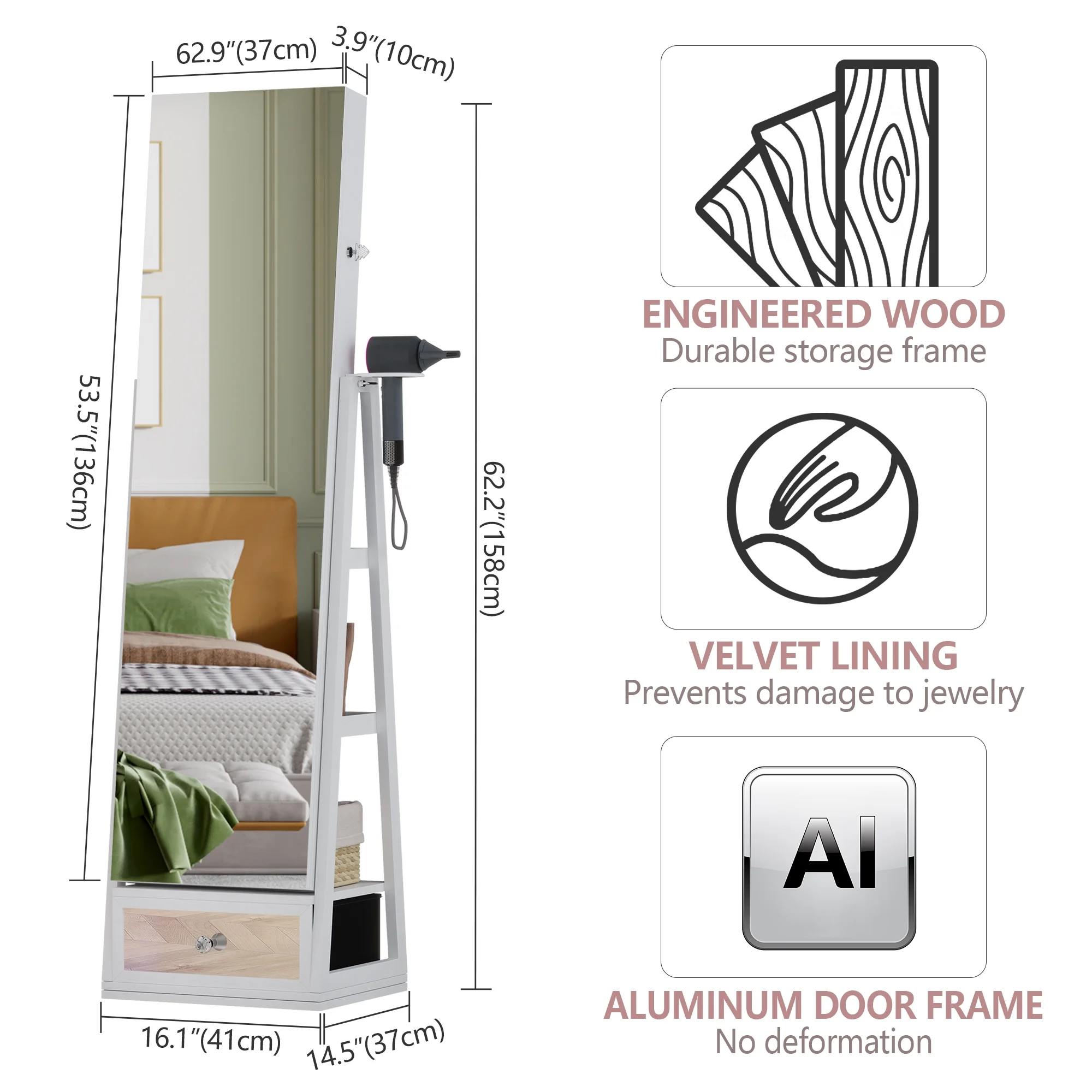 2026 LVSOMT 360 Swivel Jewelry Cabinet with Lights, Standing Rotatable Jewelry Armoire Organizer with Lock, Full Length Mirror with Jewelry Storage, White