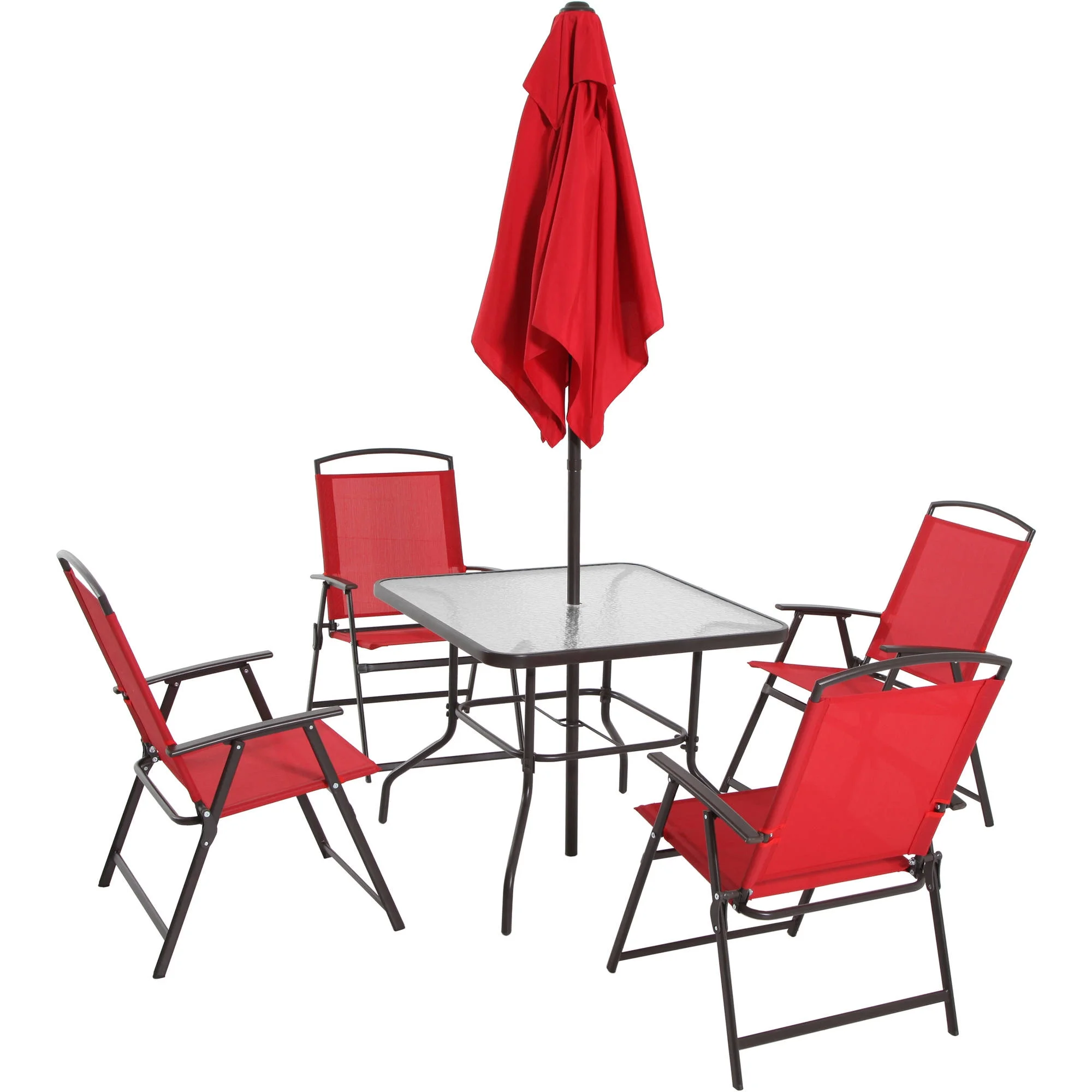 2026 Mainstays Albany Lane Steel 6-Piece Outdoor Patio Dining Set with Umbrella, Red