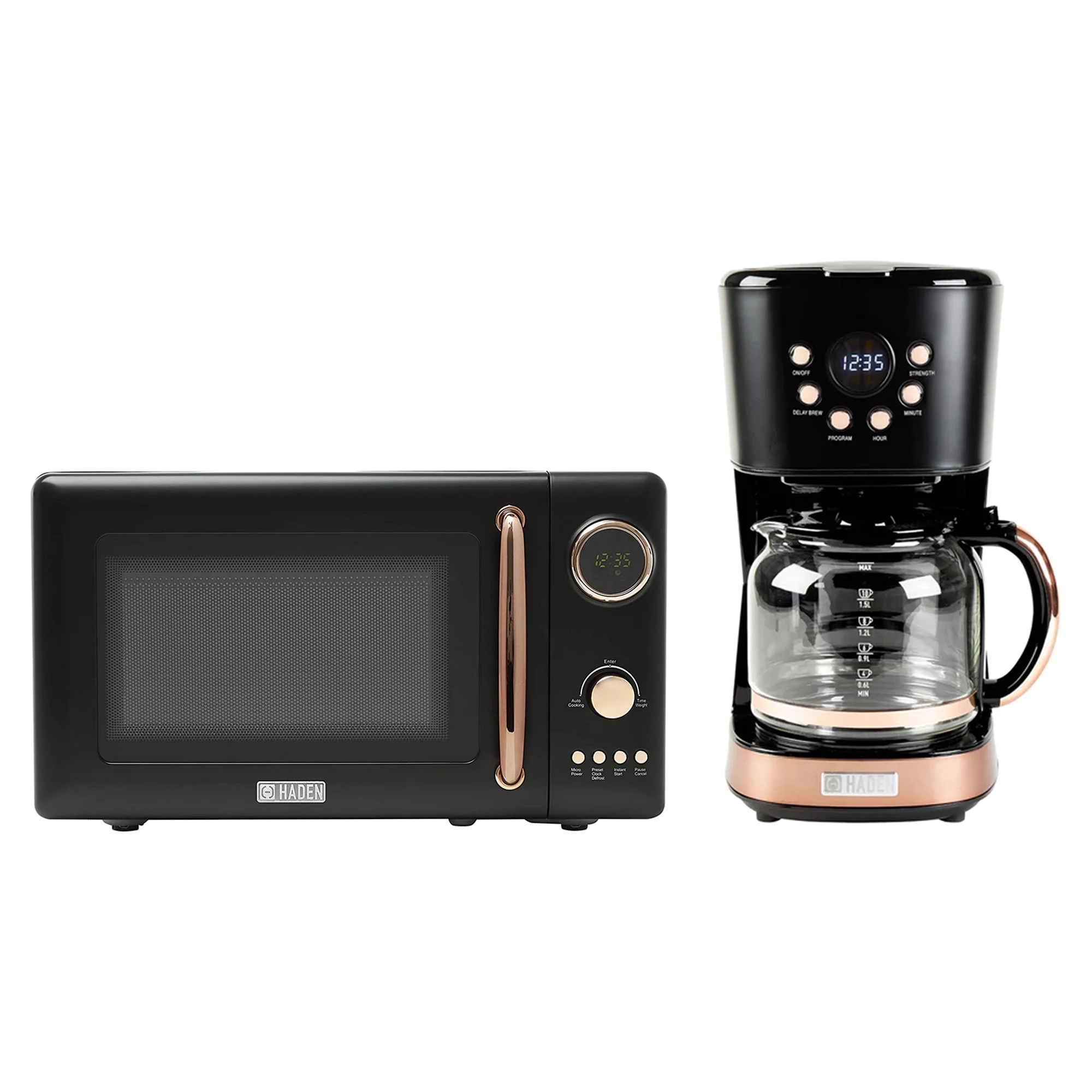 2026 Haden 700W Microwave Oven and 12 Cup Coffee Maker Machine Set, Black/Copper