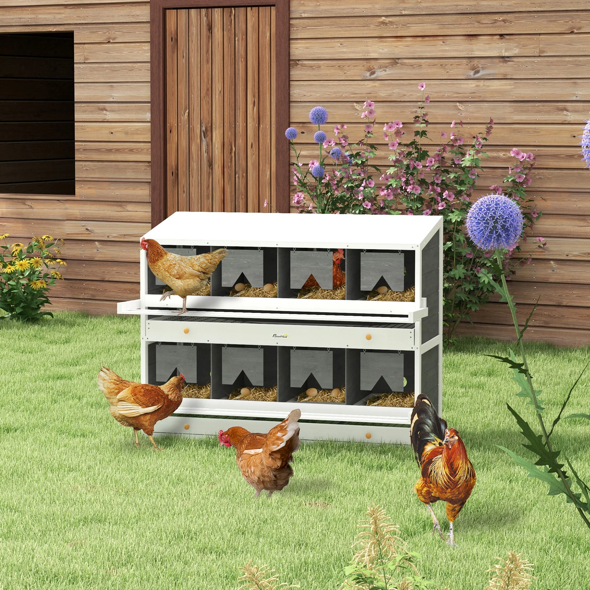 2026 PawHut Nesting Boxes for Chickens W/ 2 Egg Collection Trays, 8 Compartments