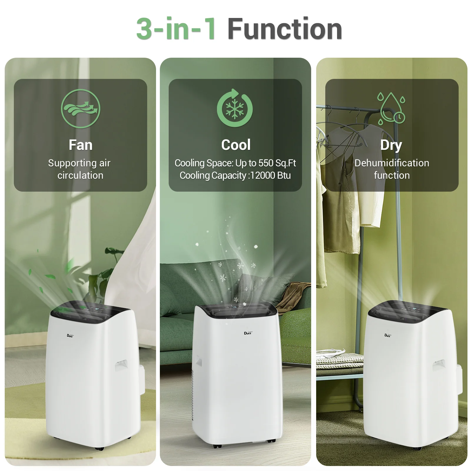 2026 DuraComfort Portable Air Conditioners, 12000 BTU(Ashrae) Quiet AC Unit, Built-in Dehumidifier and Fan Modes, White