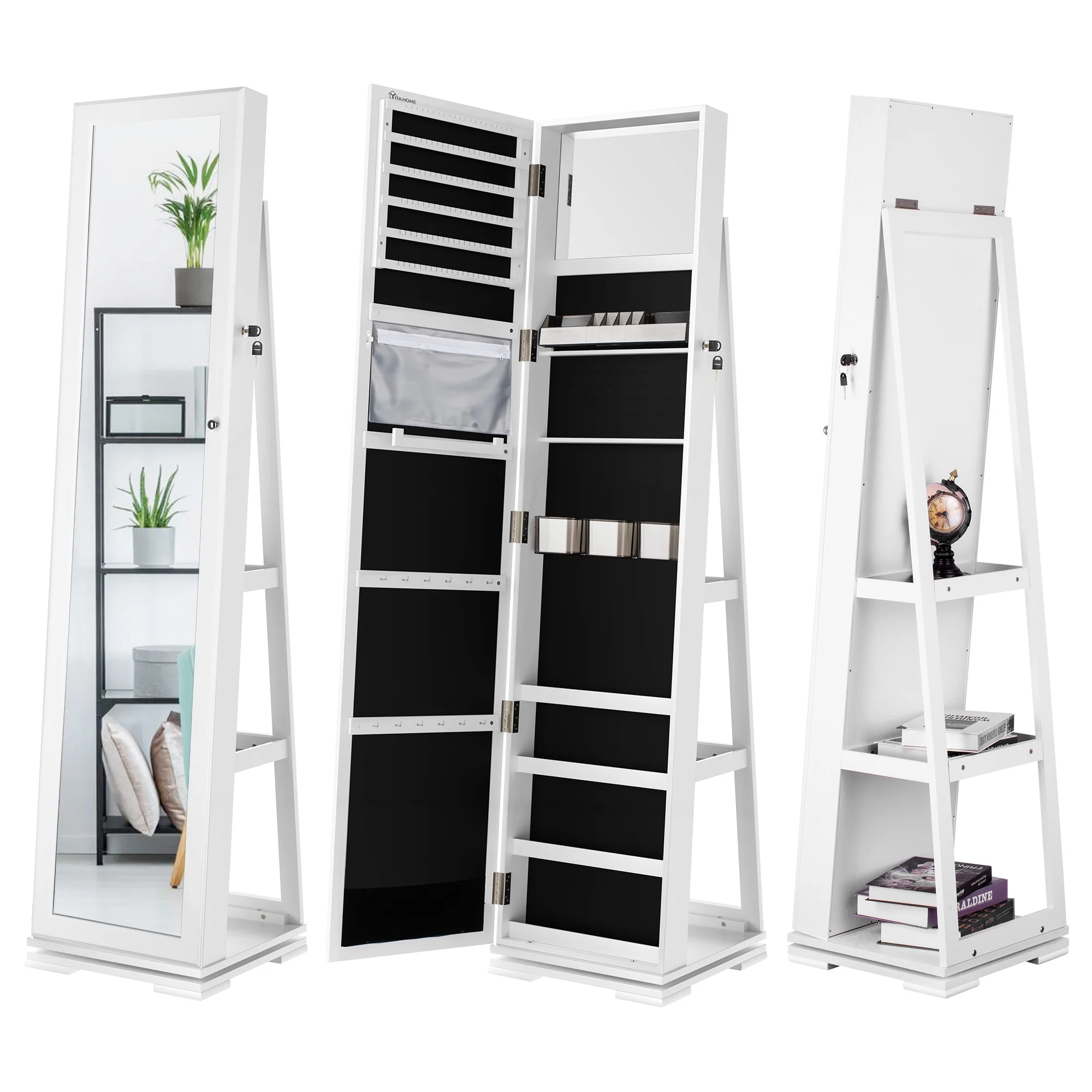 2026 Dextrus Mirror Jewelry Cabinet 360° Rotating Jewelry Armoire Storage Box w/ Full Length Mirror Jewelry Organizer - White