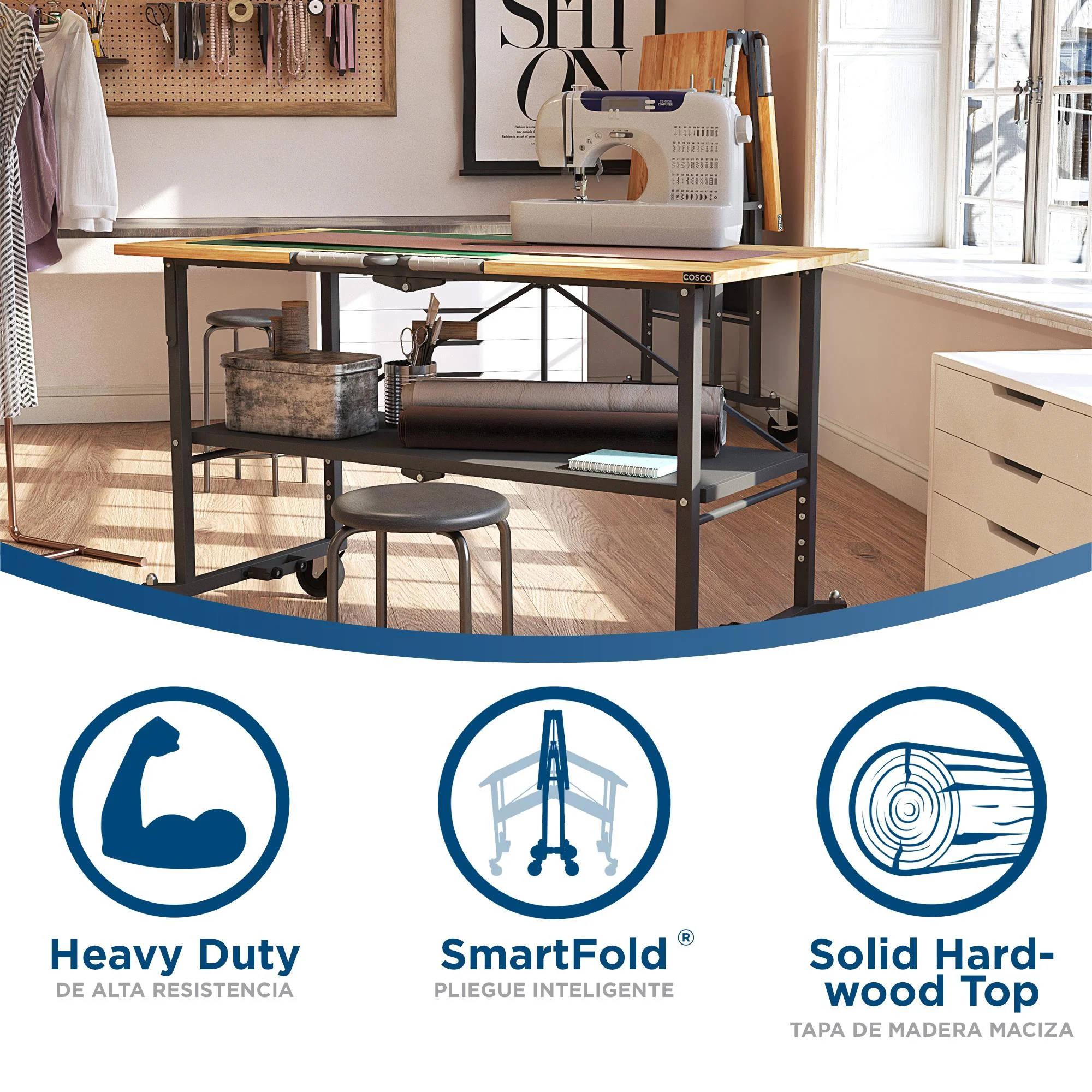 COSCO SmartFold Butcher Block Portable Workbench / Folding Utility Table (Gray Steel Frame)