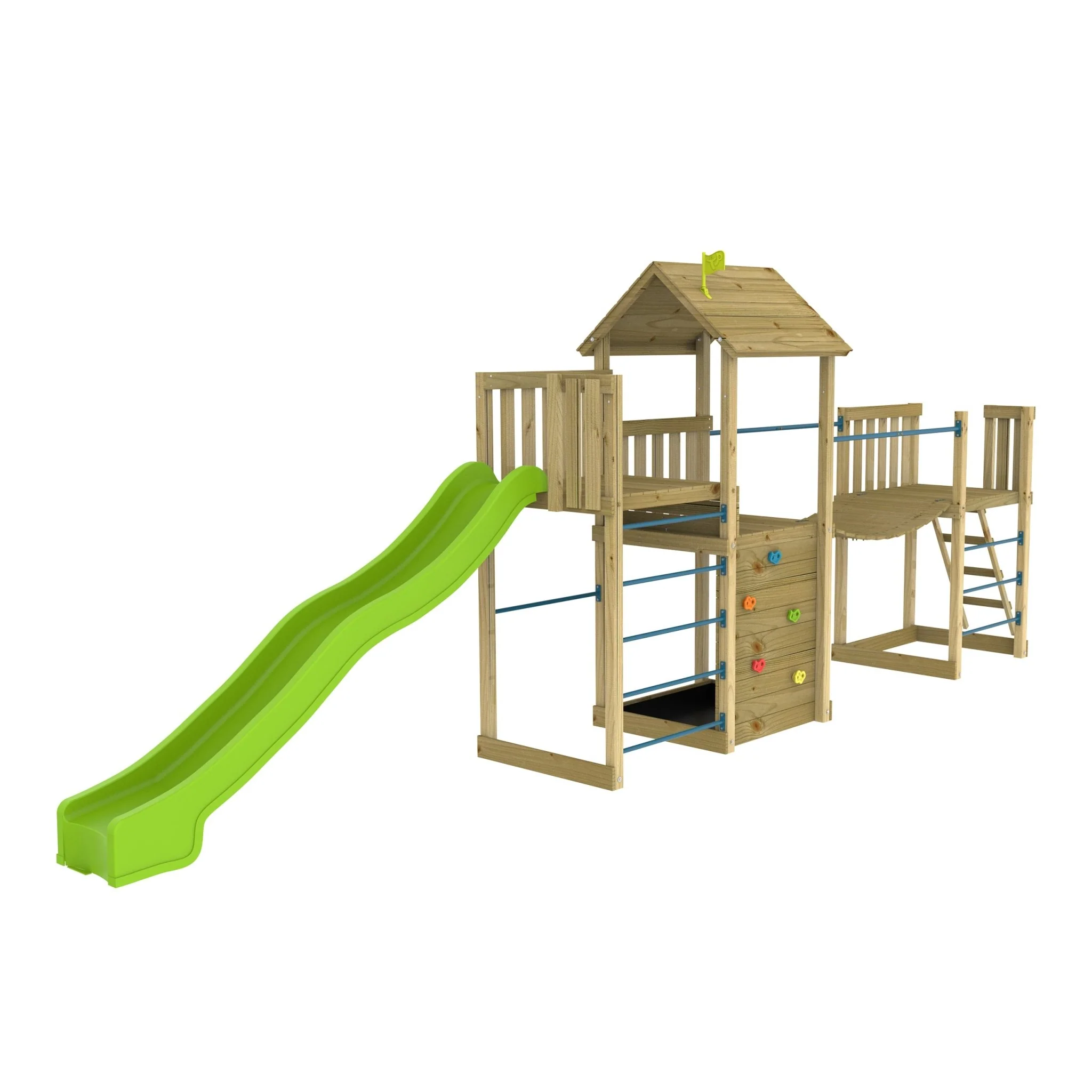TP Skywood Wooden Tower Climbing Frame with Sky Deck, Super Wavy Slide, Sky Bridge & Mini Tower - FSC® certified