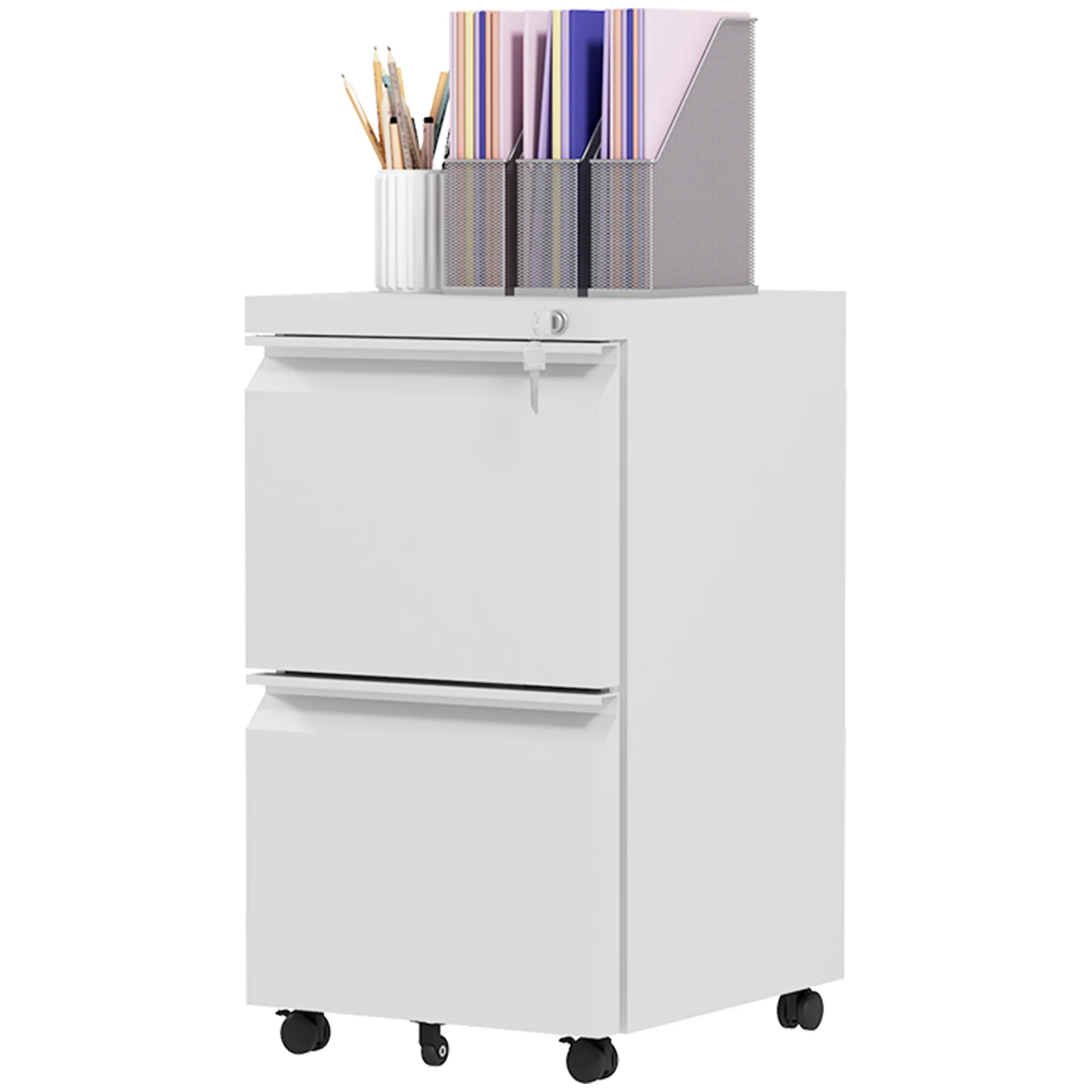 2-Drawer Mobile Filing Cabinet, Steel Lockable File Cabinet, Pre-Assembled Body, White