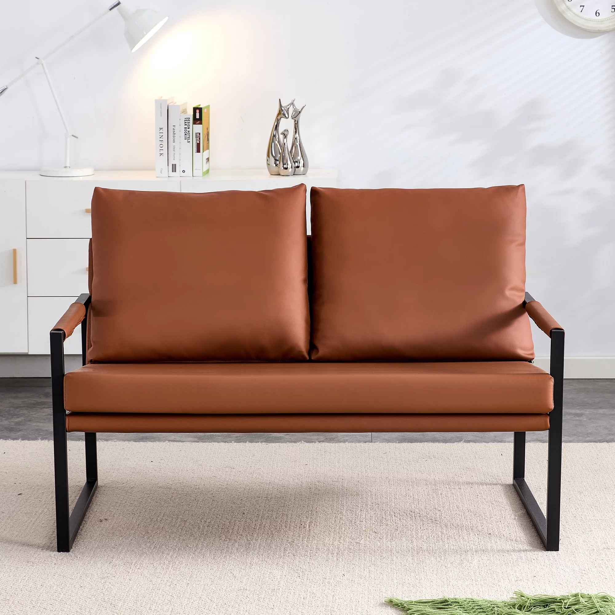 2026 Modern Two-Seater Sofa Chair with 2 Pillows - PU Leather, High-Density Foam, Black Coated Metal Frame.Brown SF-D008