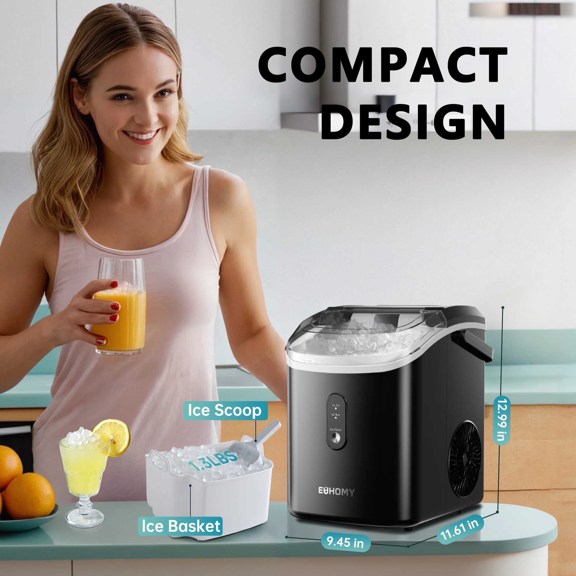2026 【Shipping on May 20】EUHOMY Auto-Cleaning 10'' Nugget Ice Countertop Ice Maker with Handle