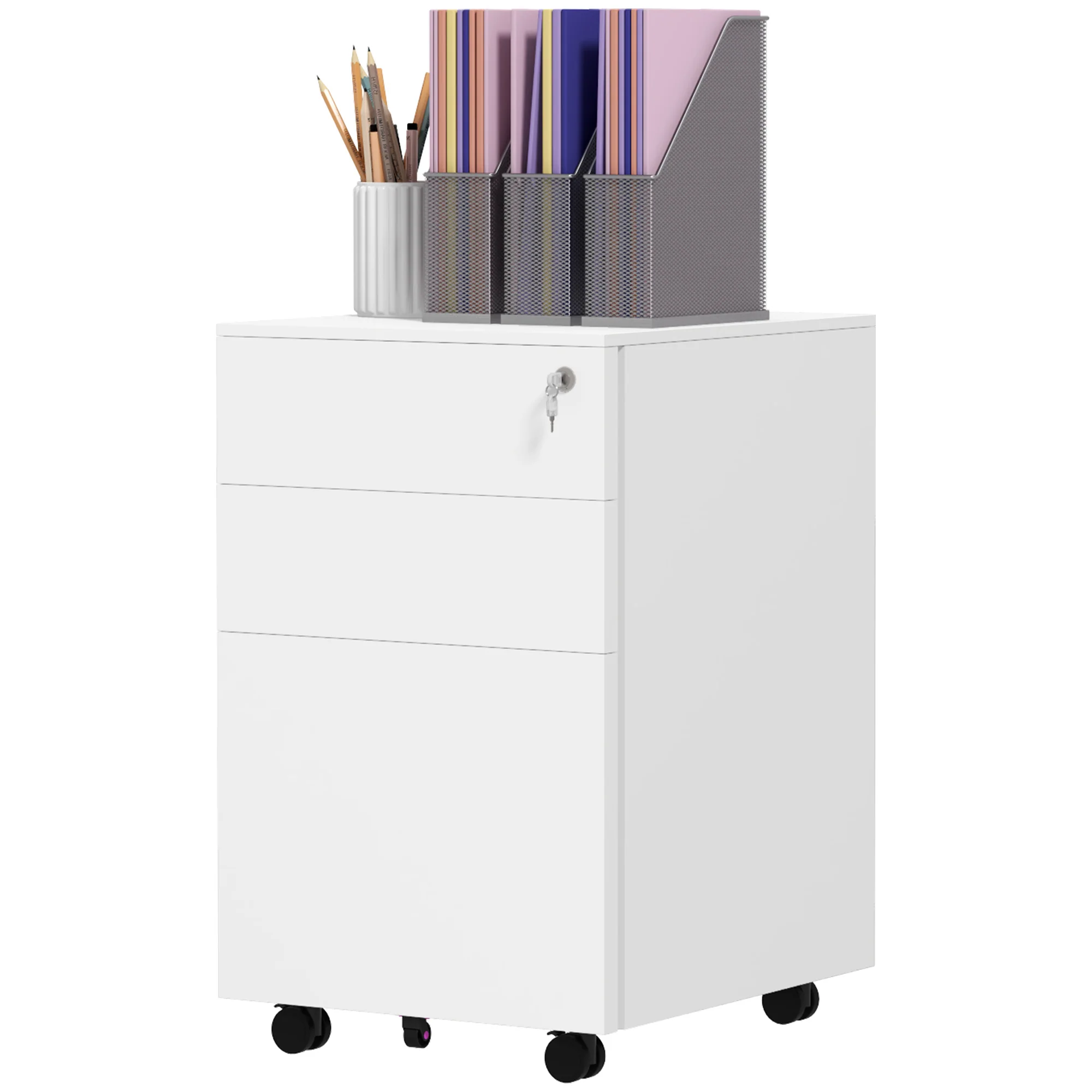 3-Drawer Mobile Filing Cabinet with Pencil Tray, Steel Lockable File Cabinet, White