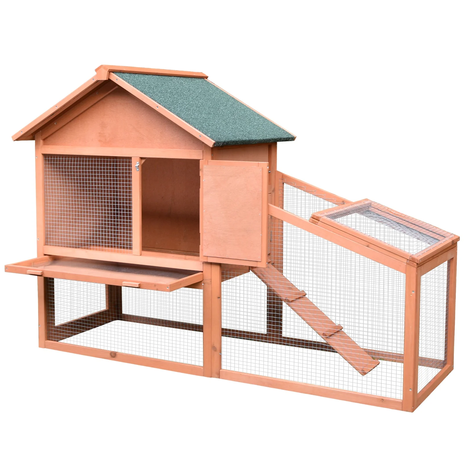 PawHut Large Two-Level Outdoor Rabbit Hutch with Side Room, Asphalt Roof, and Spacious Run