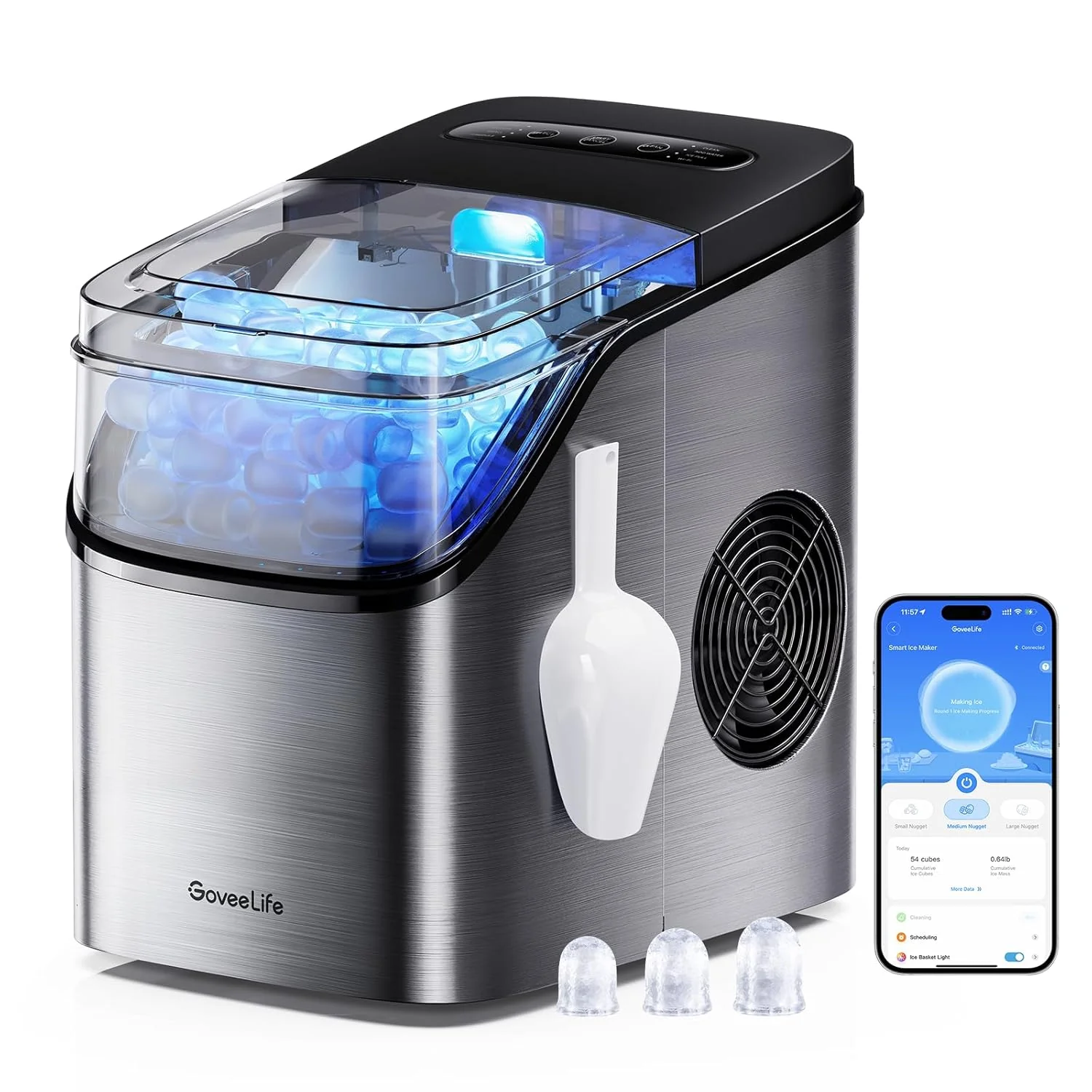 2026 GoveeLife Smart Ice Maker Countertop, Portable Ice Machine with Voice Control, 9 Ice Cubes in 6 Minutes 3 Sizes, 26lbs/24Hrs, Self Cleaning RGB Lights, Quiet Ice Maker with Scoop for Kitchen Black