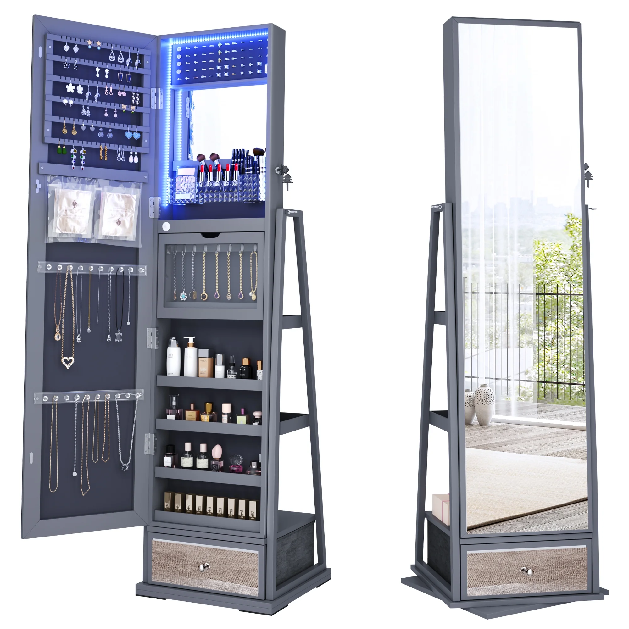 2026 FREDEES Standing Jewelry Cabinet with Mirror and Lights, Wooden Jewelry Armoire Organizer with Full-Length Mirror for Women, Grey