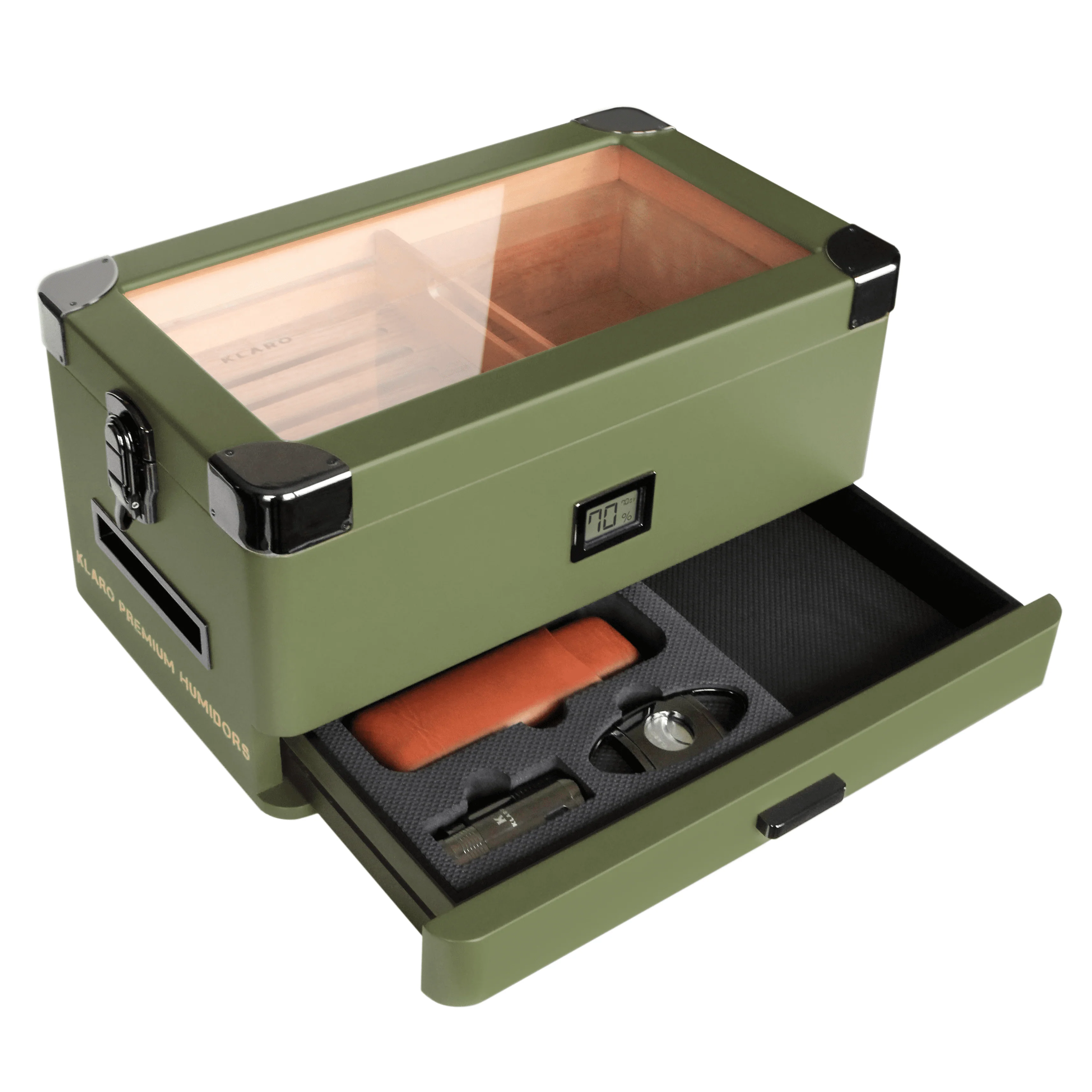 Rugged Military Humidor with Foam-Lined Accessory Drawer & Gunmetal Kit