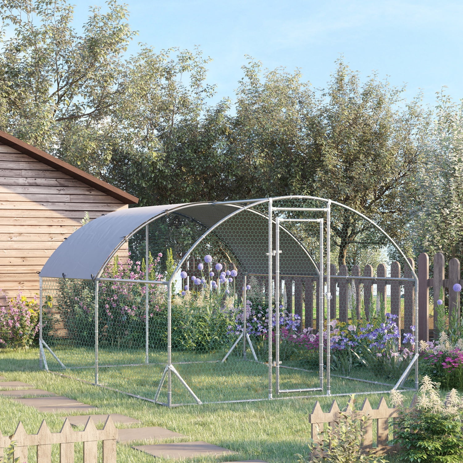 2026 GFVCNIO PawHut Large Coop Metal Run with Waterproof and Anti-UV Cover Dome Shaped Walk-in Fence Cage Hen House for Outdoor and Yard Farm Use 1” Tube Diameter 9.2‘ x 12.5‘ x 6.5‘