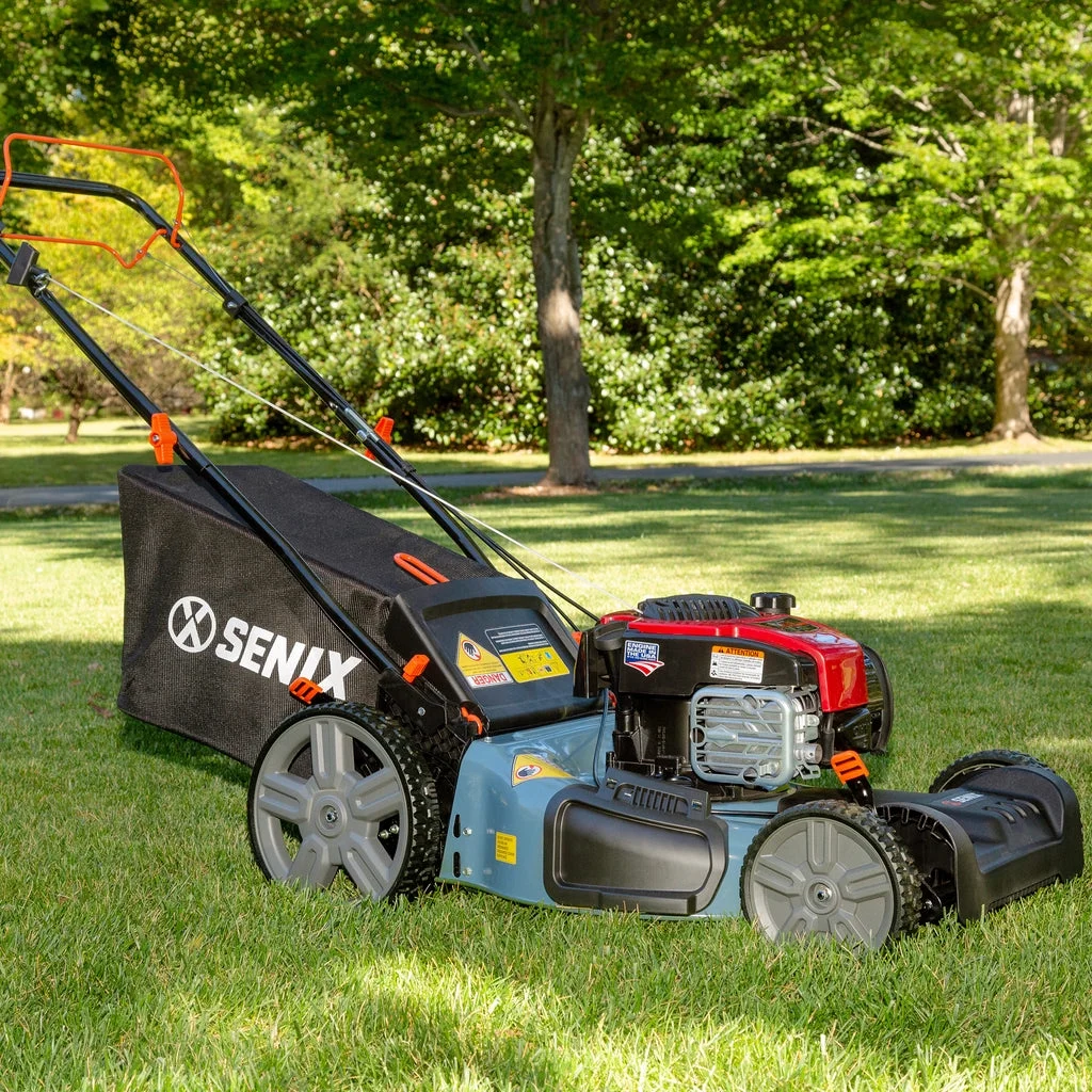 2026 SENIX Self-Propelled Gas Lawn Mower, 21-Inch, 150 cc 4-Cycle Briggs & Stratton Engine, 3-In-1 Single Speed Lawnmower, 6-Position Height Adjustment with 11-Inch Rear Wheels, LSSG-M1, Blue