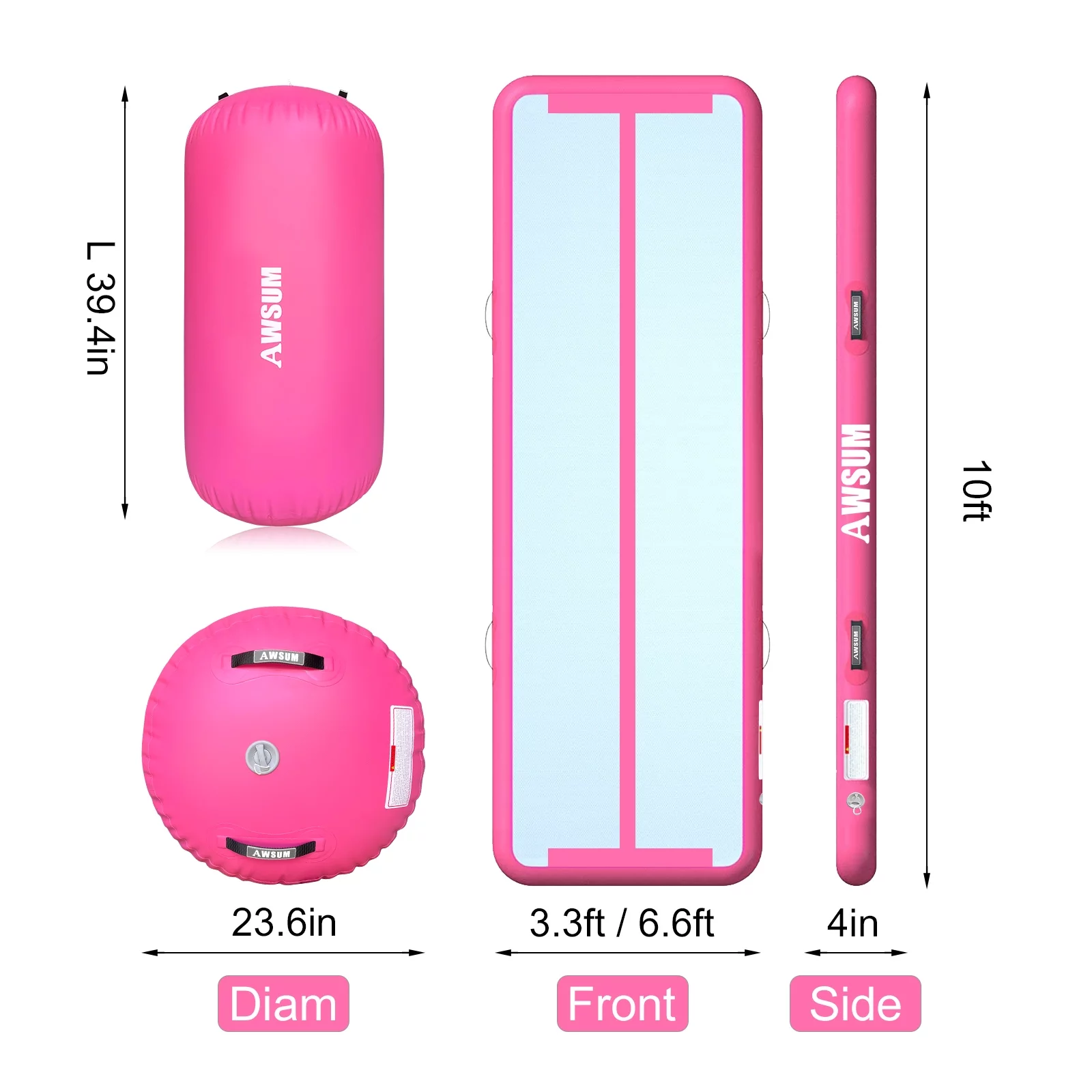 2026 AWSUM Inflatable Air Gymnastics Mat 10 ft 13 ft 16 ft Training mat 4 inches Thick tumble track Air Roller with Electric Pump for Home/Gym