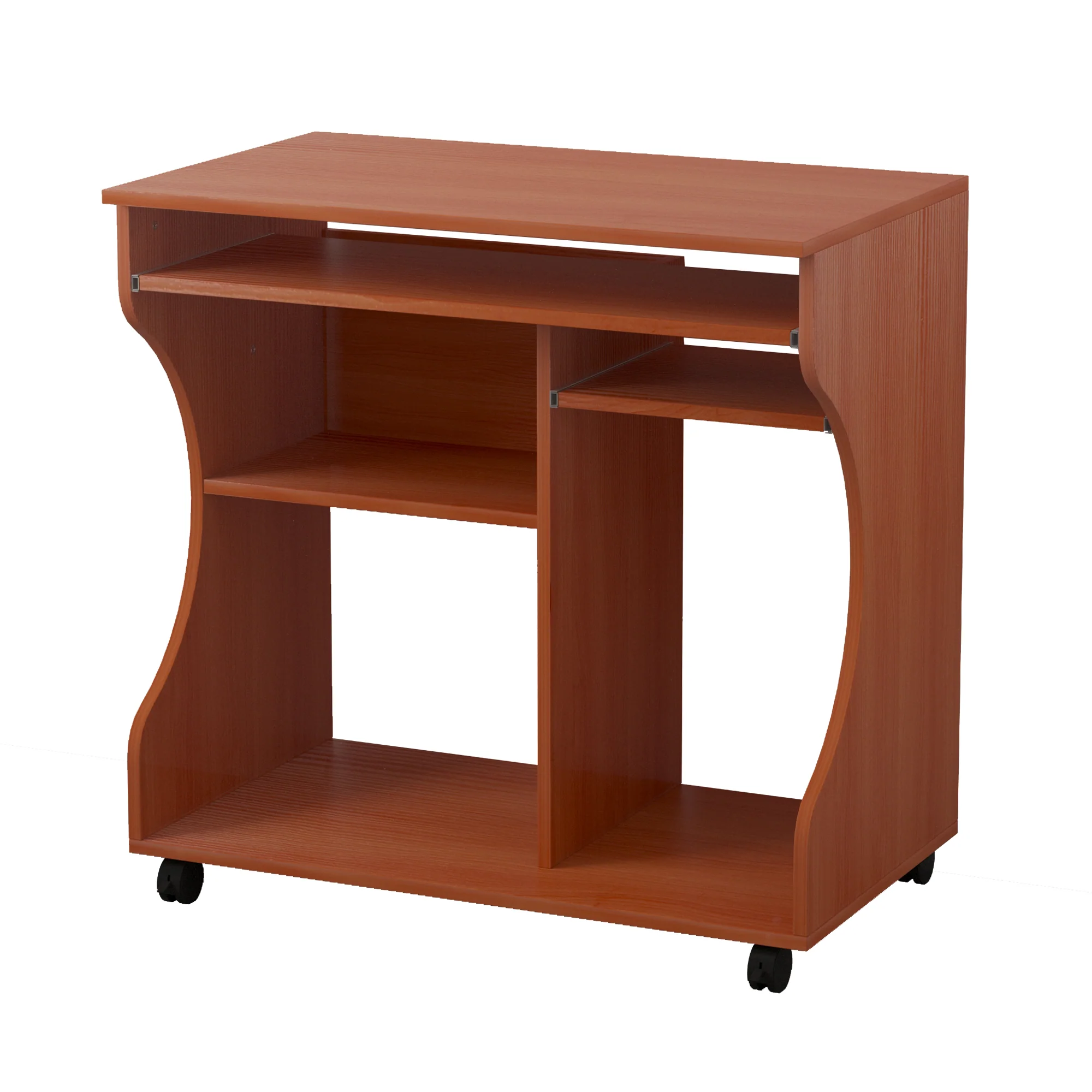 Computer Desk with Sliding Keyboard Tray, Storage Shelves, PC Desk on Wheels, Cherry Wood