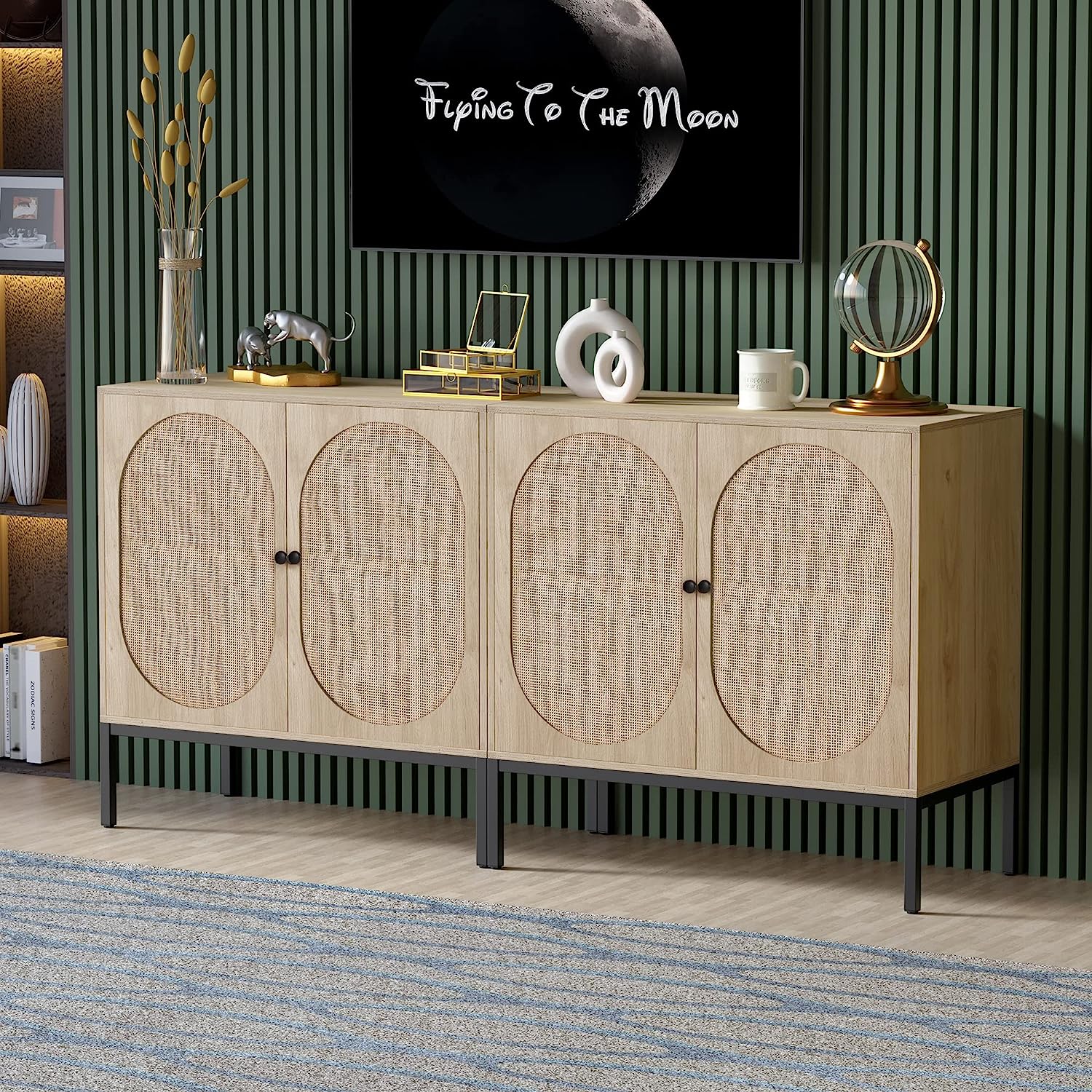 Yechen Set of 2 Sideboard Storage Cabinet with Handmade Natural Rattan Doors