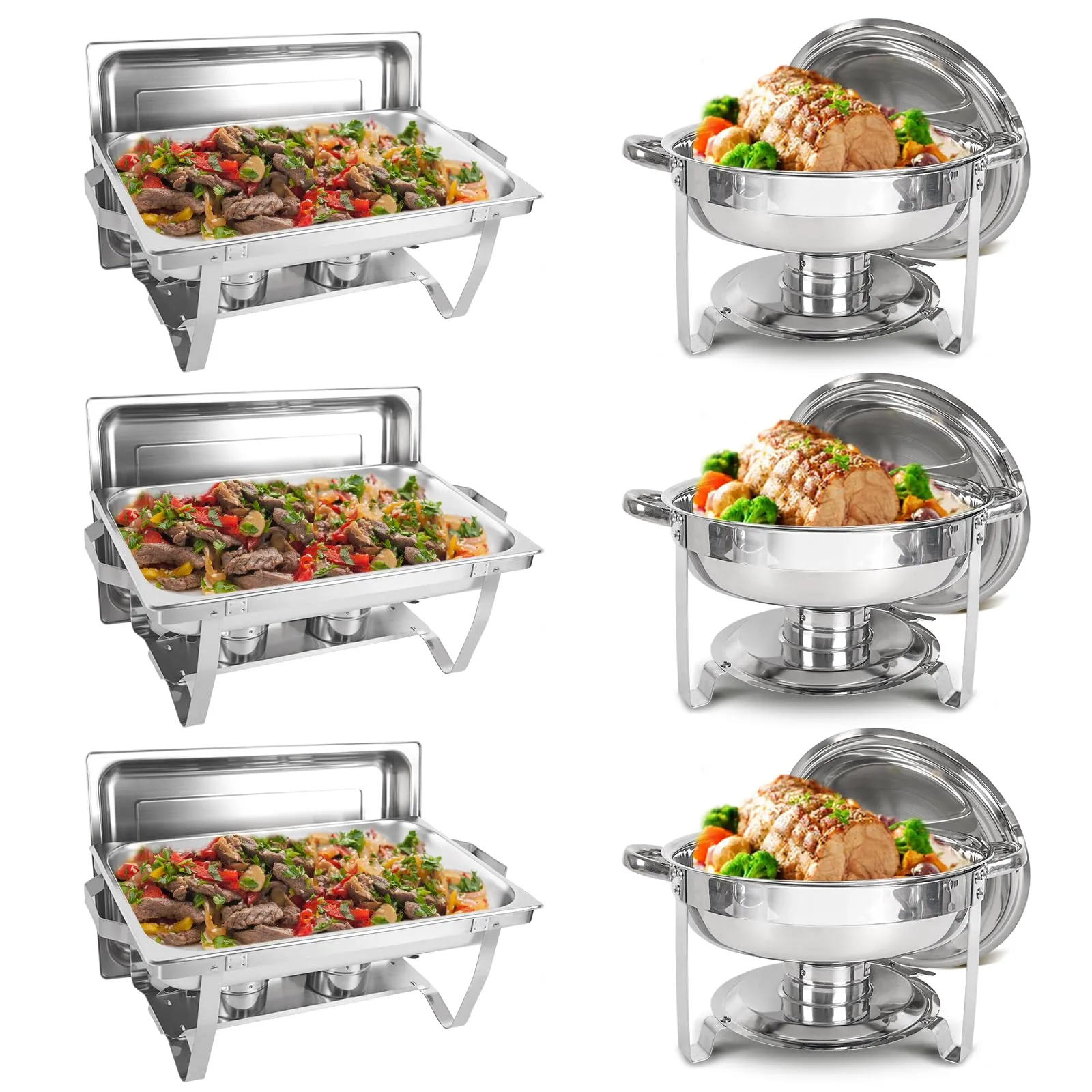 Chafing Dish Buffet Set 6 Packs, 5QT Round & 8QT Rectangle Stainless Steel Chafer