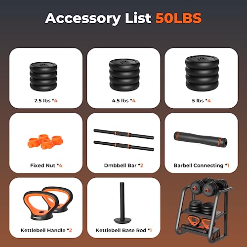 2026 FEIERDUN Adjustable Dumbbells, 50lbs Free Weight Set with Connector, 4 in 1 Dumbbells Set