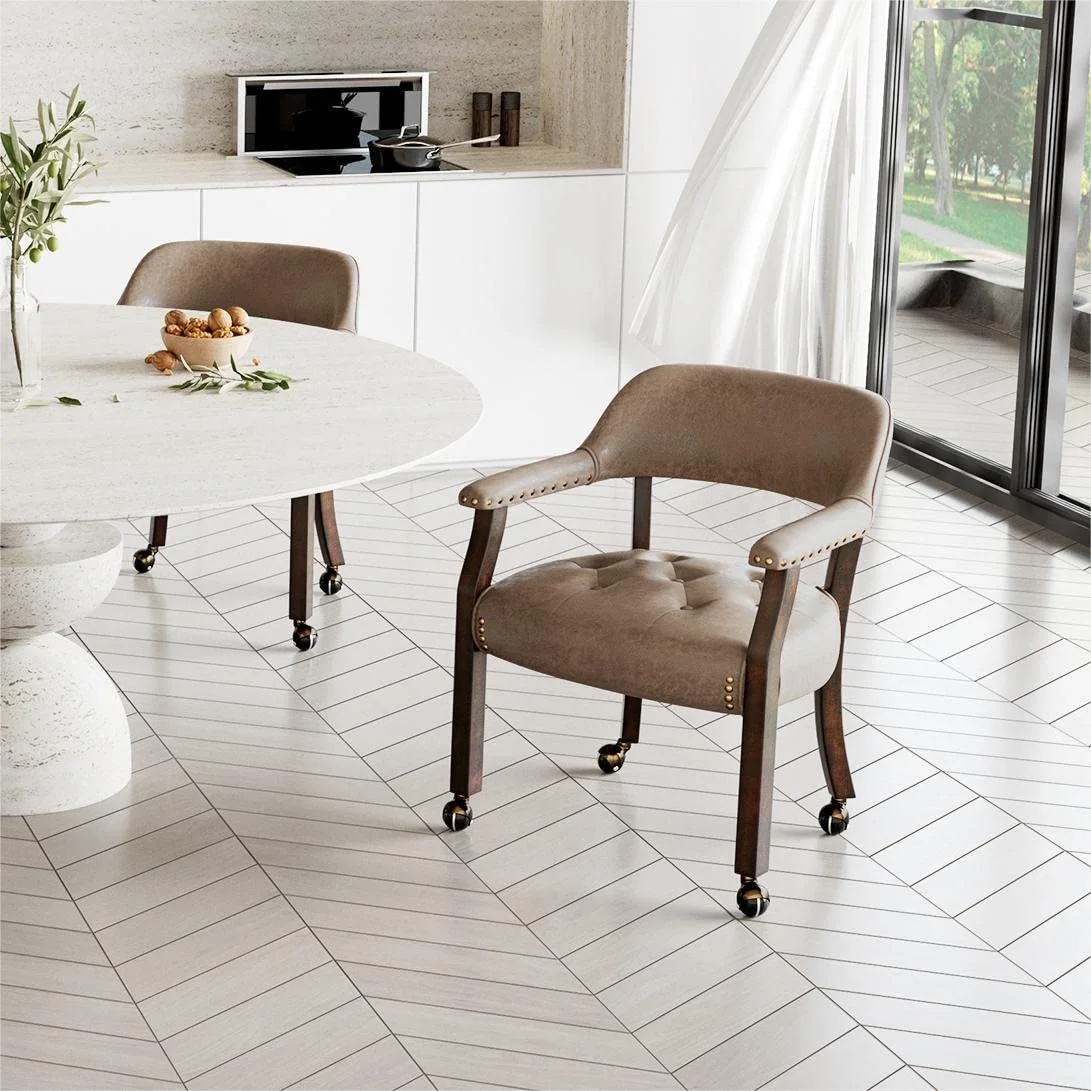 2026 JESONVID Dining Chair with Casters Set of 2, Captain's Chair with Caster Dining Room Chairs with Rollers Curving Backrest Dinette Sets Poker Chair with Wheels Rolling Chairs,Light Yellow