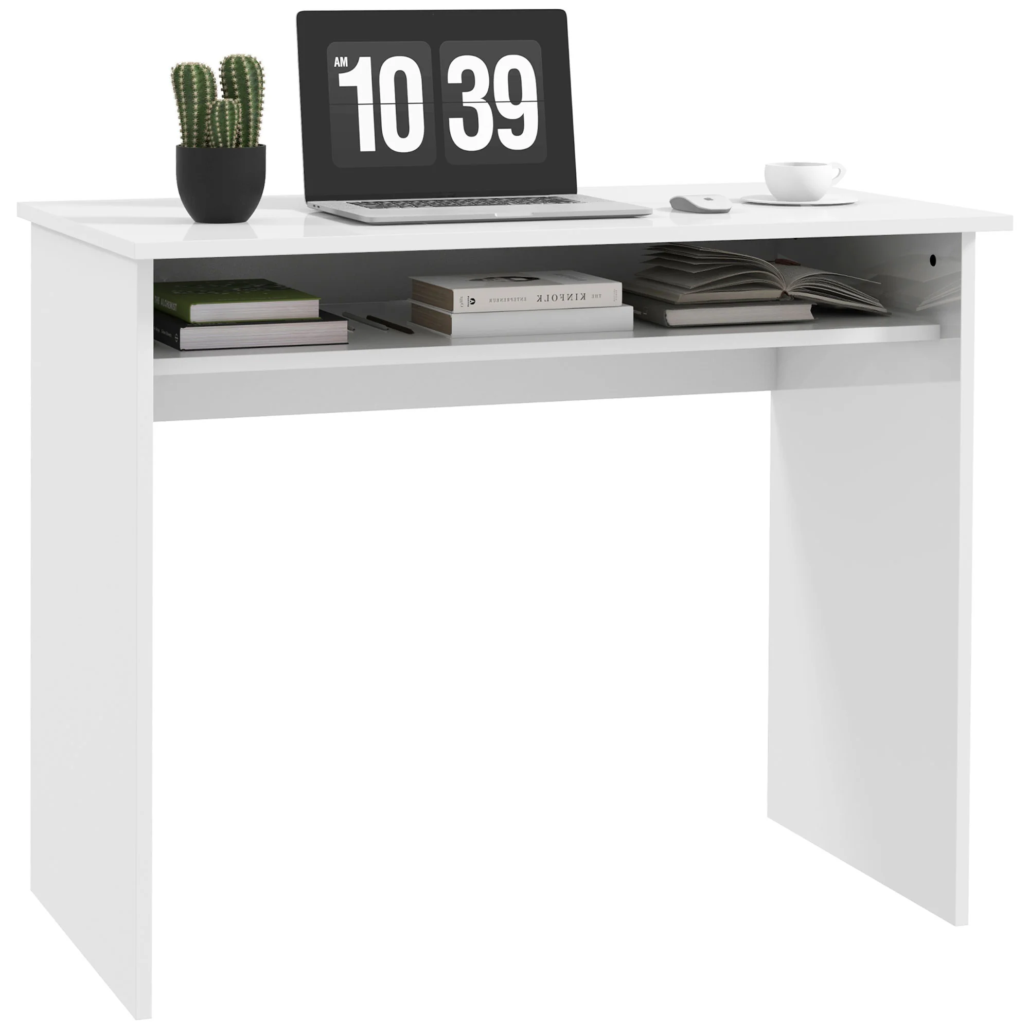 Modern Computer Desk, Small Writing Desk with Storage Shelf, 90 x 50cm, High Gloss White