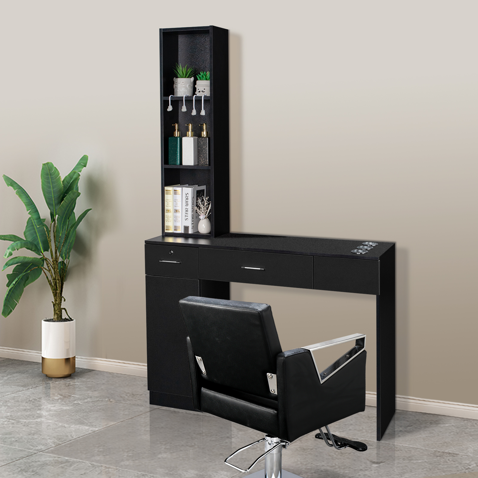 2026 OmySalon Barber Station Wall Mount Salon Hair Styling Beauty Spa Equipment with 2 Drawers, 1 Storage Cabinet, 3 Open Shelves (Black)