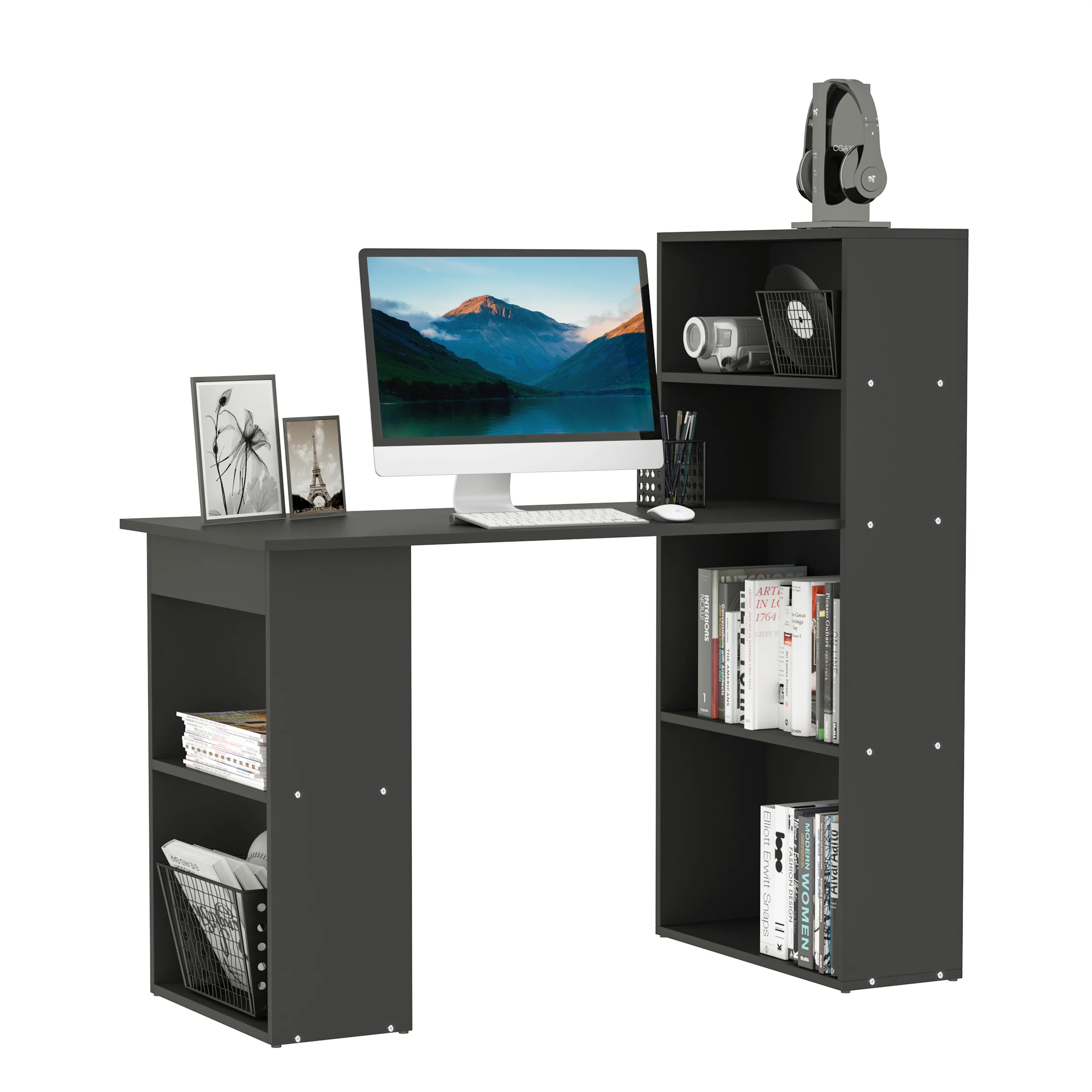 120cm Modern Computer Desk Bookshelf, Study Table Workstation with 6 Shelves, Black