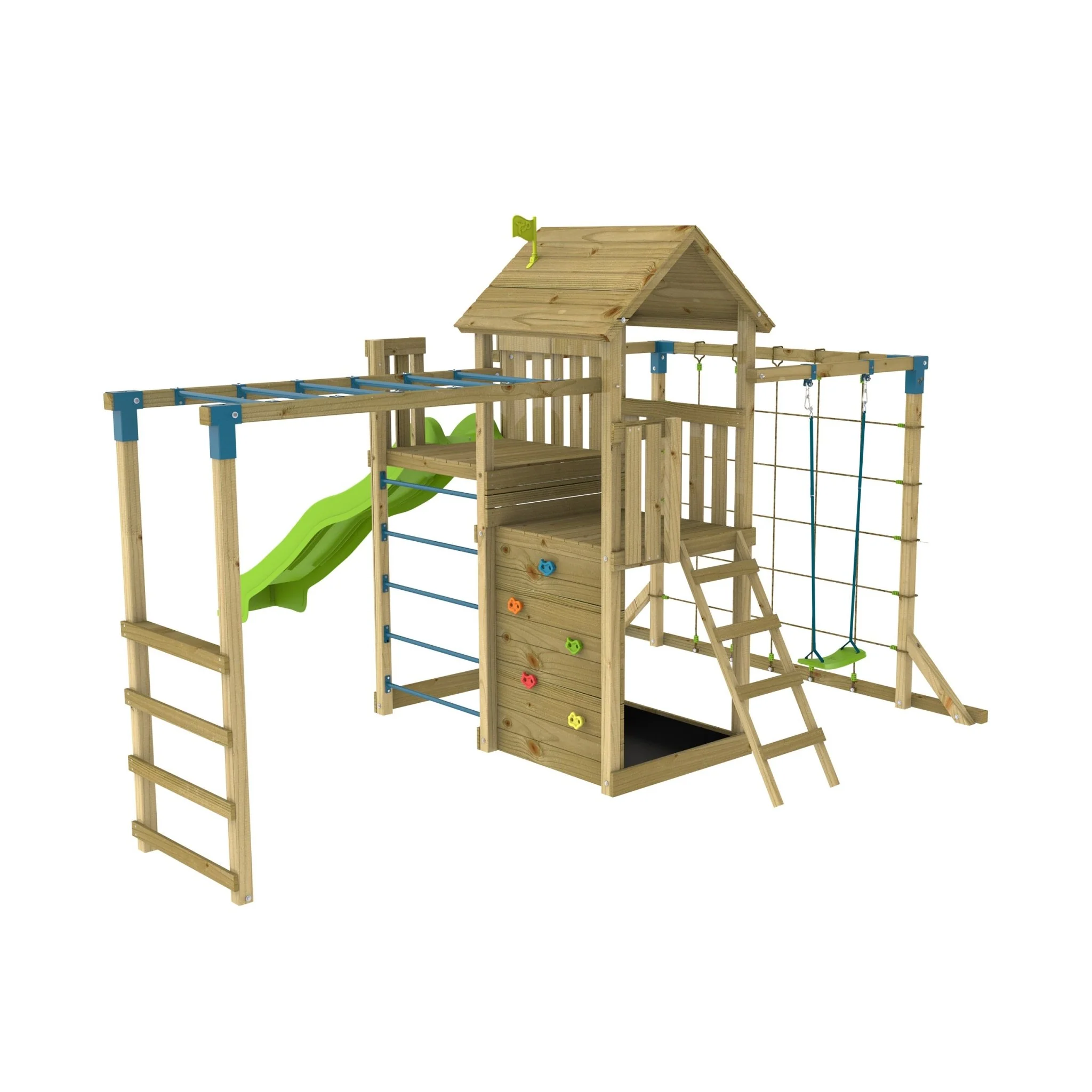 TP Skywood Wooden Tower Climbing Frame with Super Wavy Slide, Sky Deck, Monkey Bars & Skyline with Rapide Swing Seat - FSC® certified
