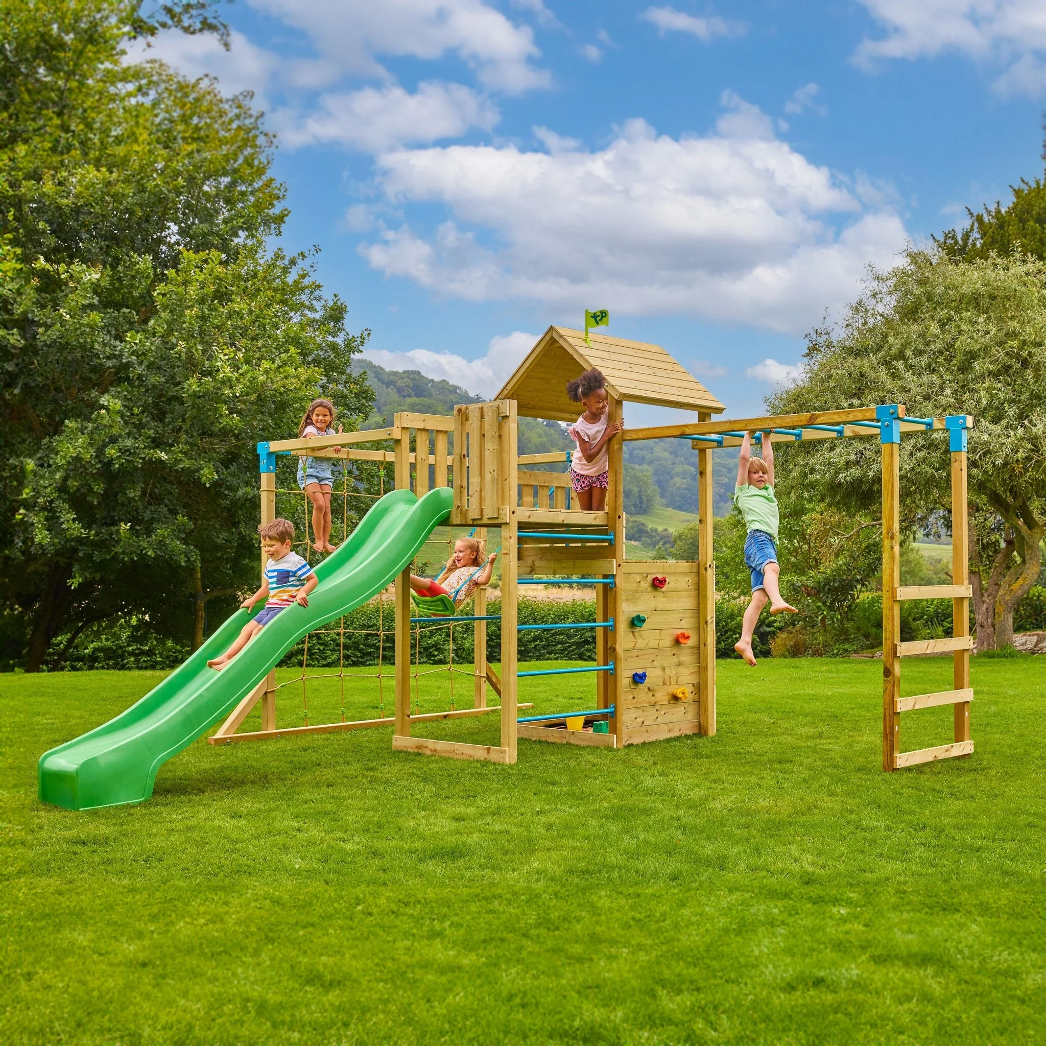 TP Skywood Wooden Tower Climbing Frame with Super Wavy Slide, Sky Deck, Monkey Bars & Skyline with Rapide Swing Seat - FSC® certified