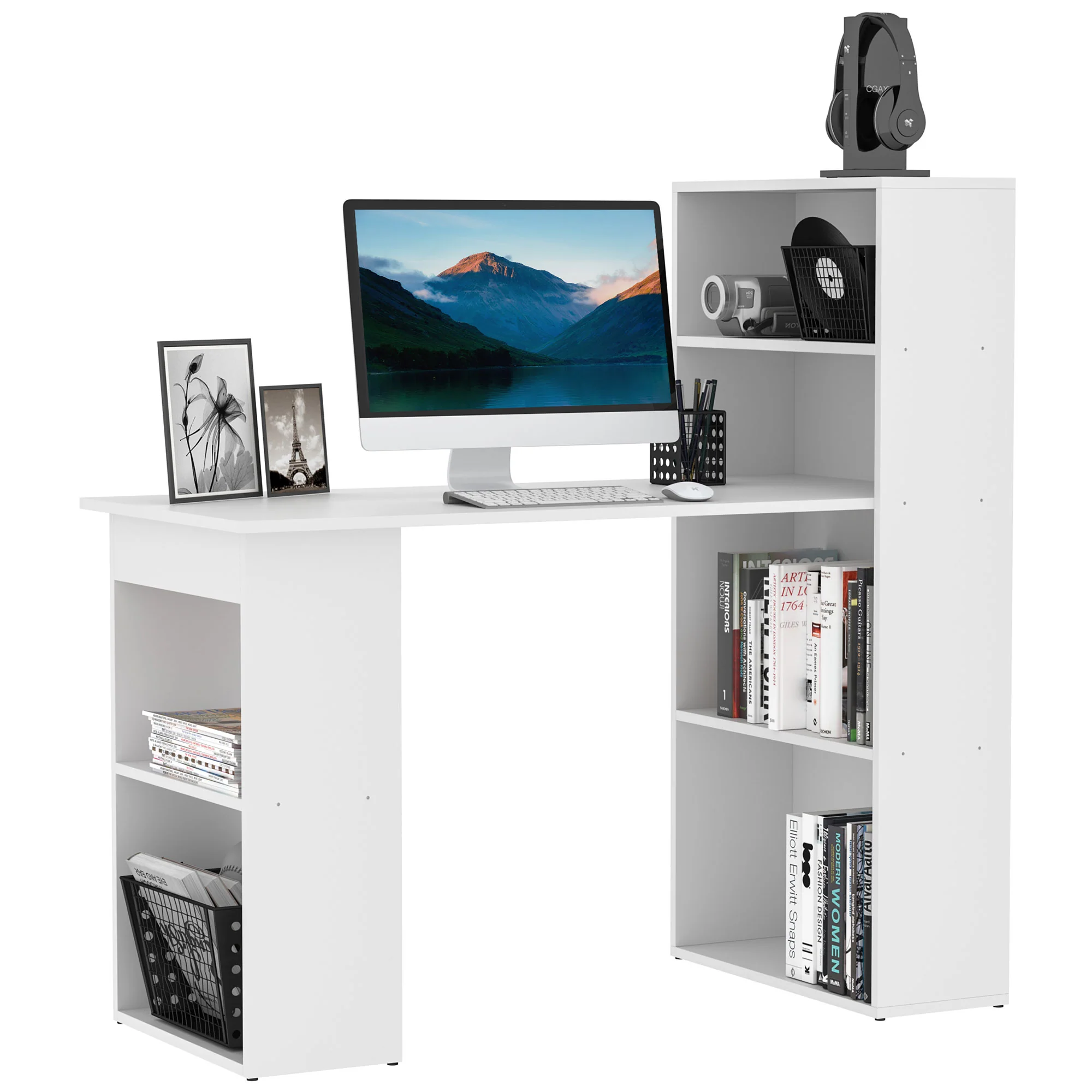 120cm Modern Computer Desk Bookshelf, Study Table Workstation with 6 Shelves, White