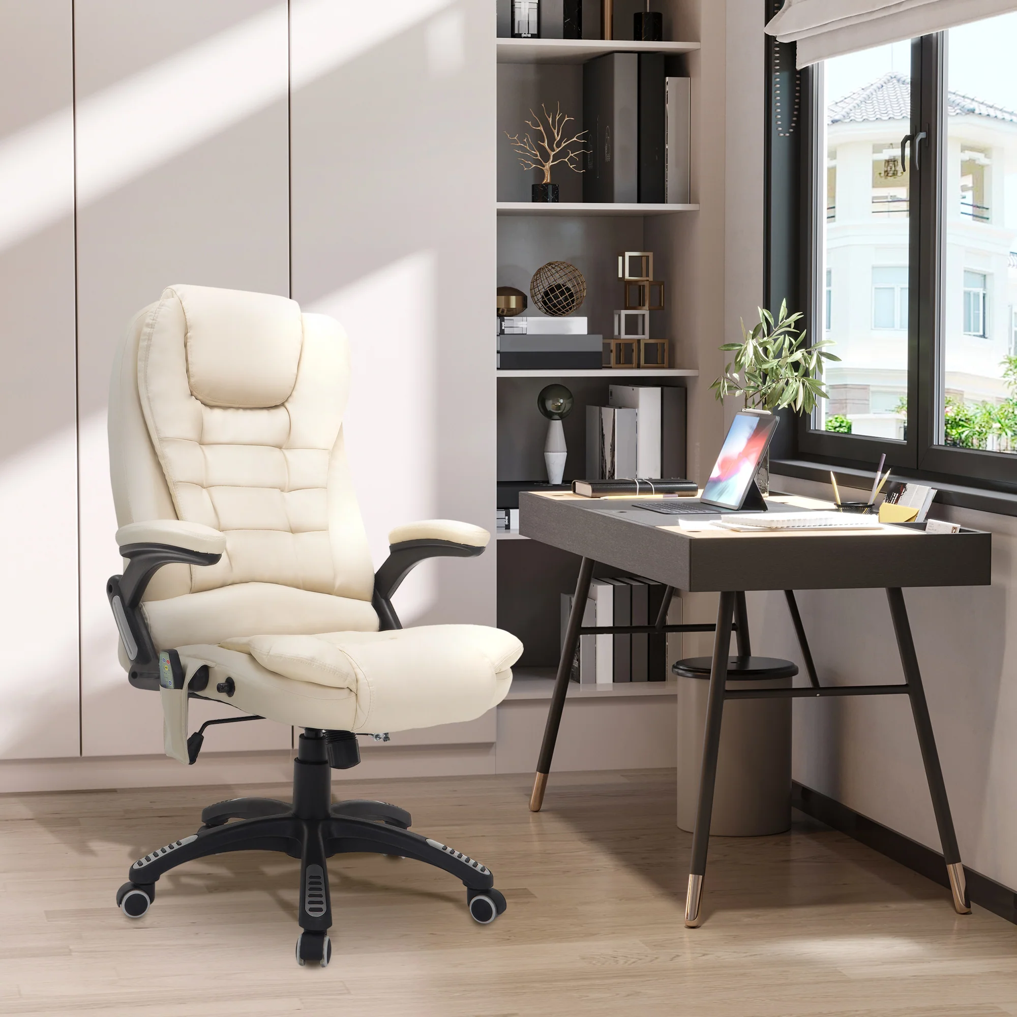 Executive Office Chair with Massage and Heat, High Back PU Leather Computer Chair, Beige