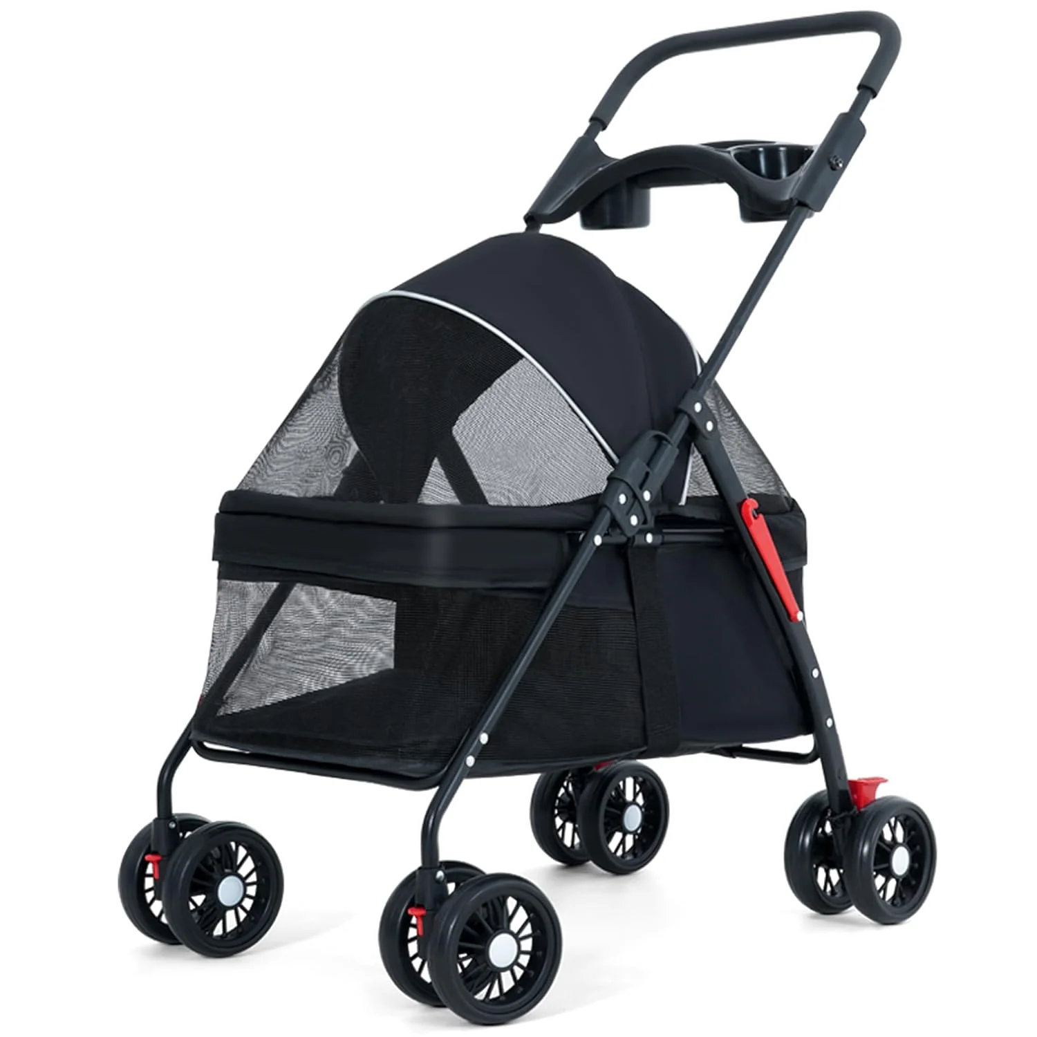 Pet Stroller 4 Wheels Dog Cat Stroller,Pet Folding Stroller,Foldable Dog Cat Cage Jogger Stroller with Storage Basket and Cup Holder,Breathable and Visible Mesh for Medium Small Dogs Cats