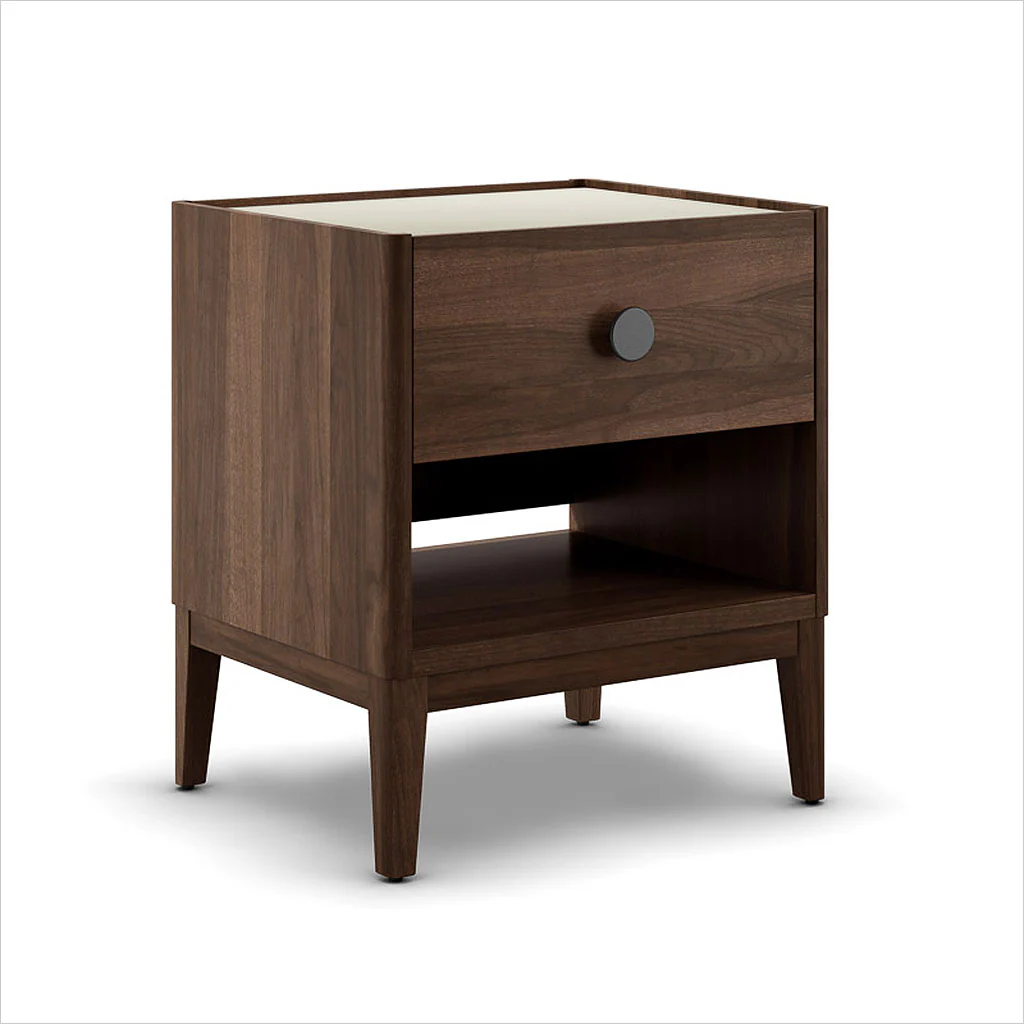 Regio Small Nightstand – Havana Walnut with Sand Glass Top and Wireless Charger