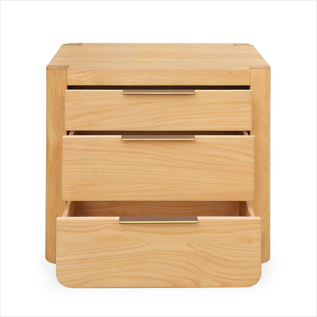 Luna Nightstand – Natural White Oak with Three Drawers and Bronze Handles
