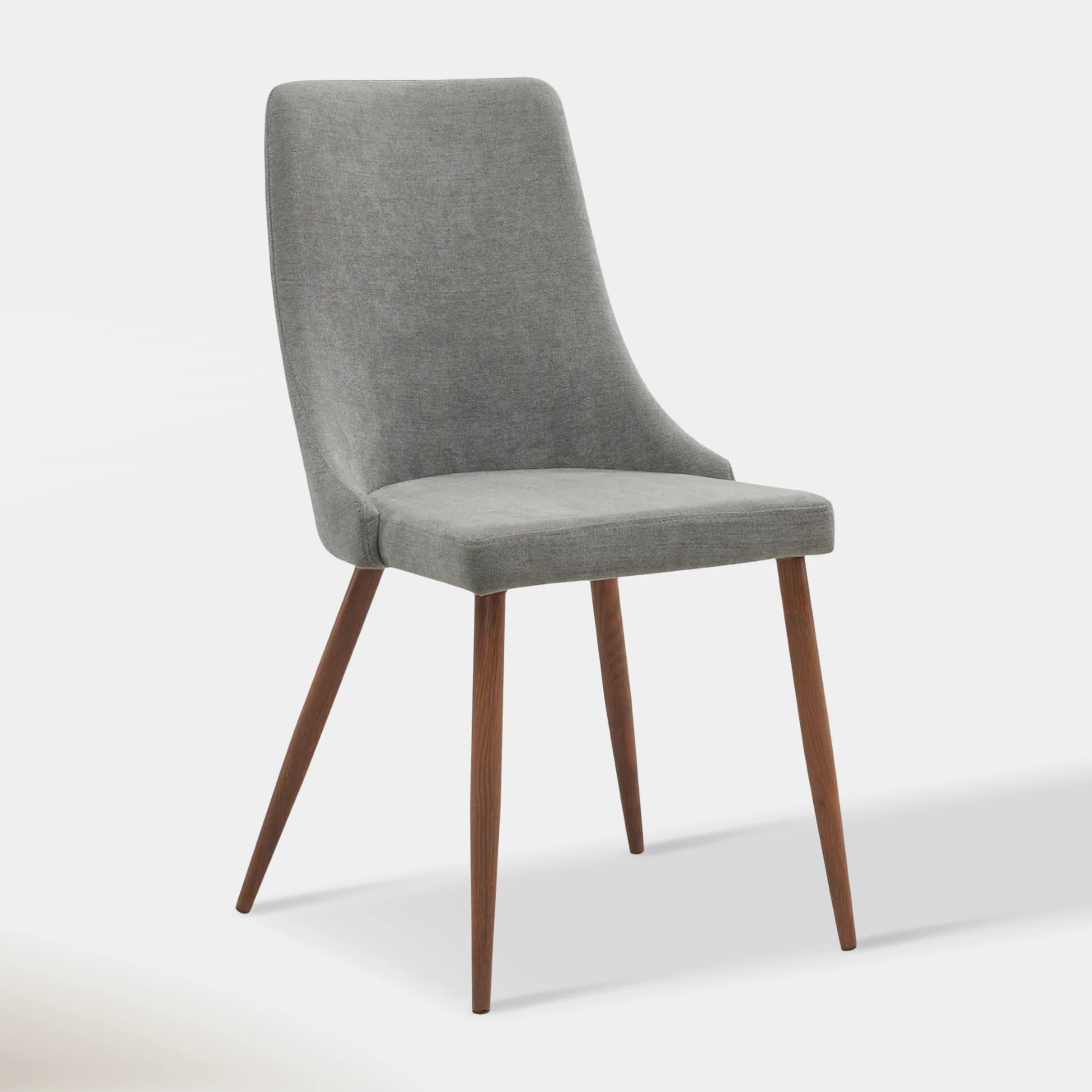 Elegant Side Chair with Curved Wood Frame, Grey Fabric, and Walnut-Finished Metal Legs