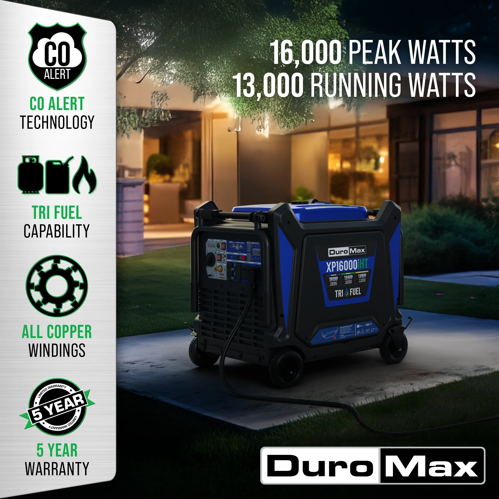 2026 16,000 Watt Tri Fuel Portable Inverter Generator w/ CO Alert