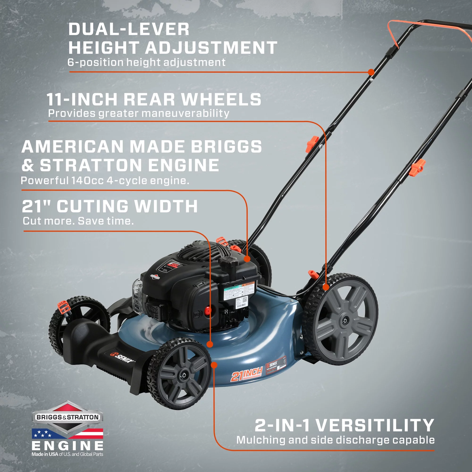 2026 Senix Gas Push Lawn Mower, 21-Inch, 140 cc 4-Cycle Briggs & Stratton Engine, 2-in-1 Push Lawnmower, 6-Position Height Adjustment with Folding Capability, LSPG-M6