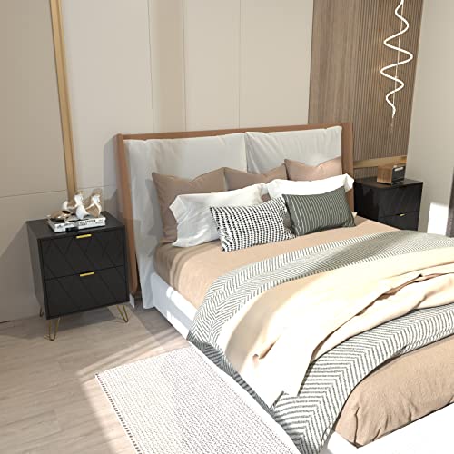 Anbuy Black Nightstand with Gold Handle, End Side Table with 2 Drawers