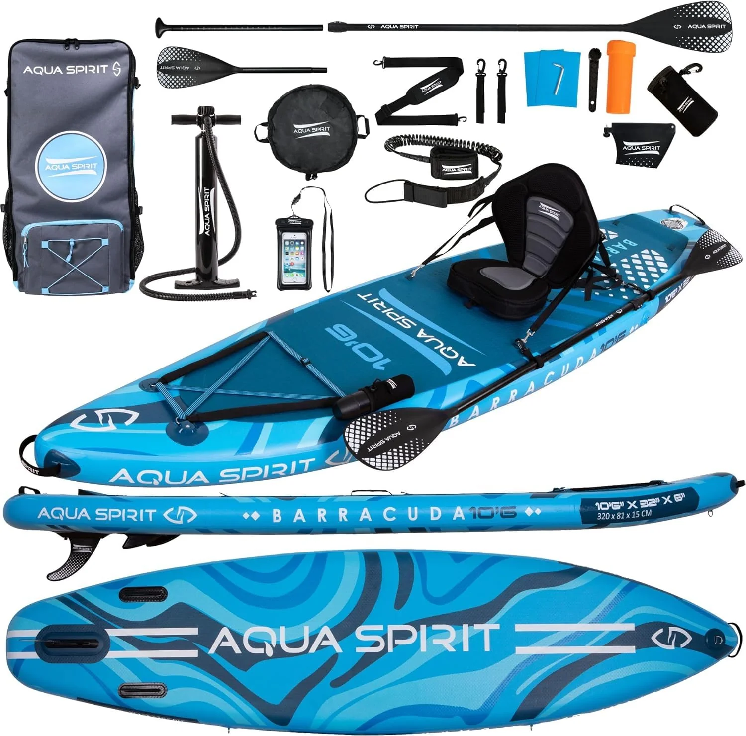 Aqua Spirit SUP Board Aufblasbares Standup Stand Up Paddle Board/Paddel Kajak | 320x81x15cm | Satz mit Paddel, Sitz, Rucksack, Pumpe und weiterem Zubehör | Erwachsene Anfänger/Experten (Blau)