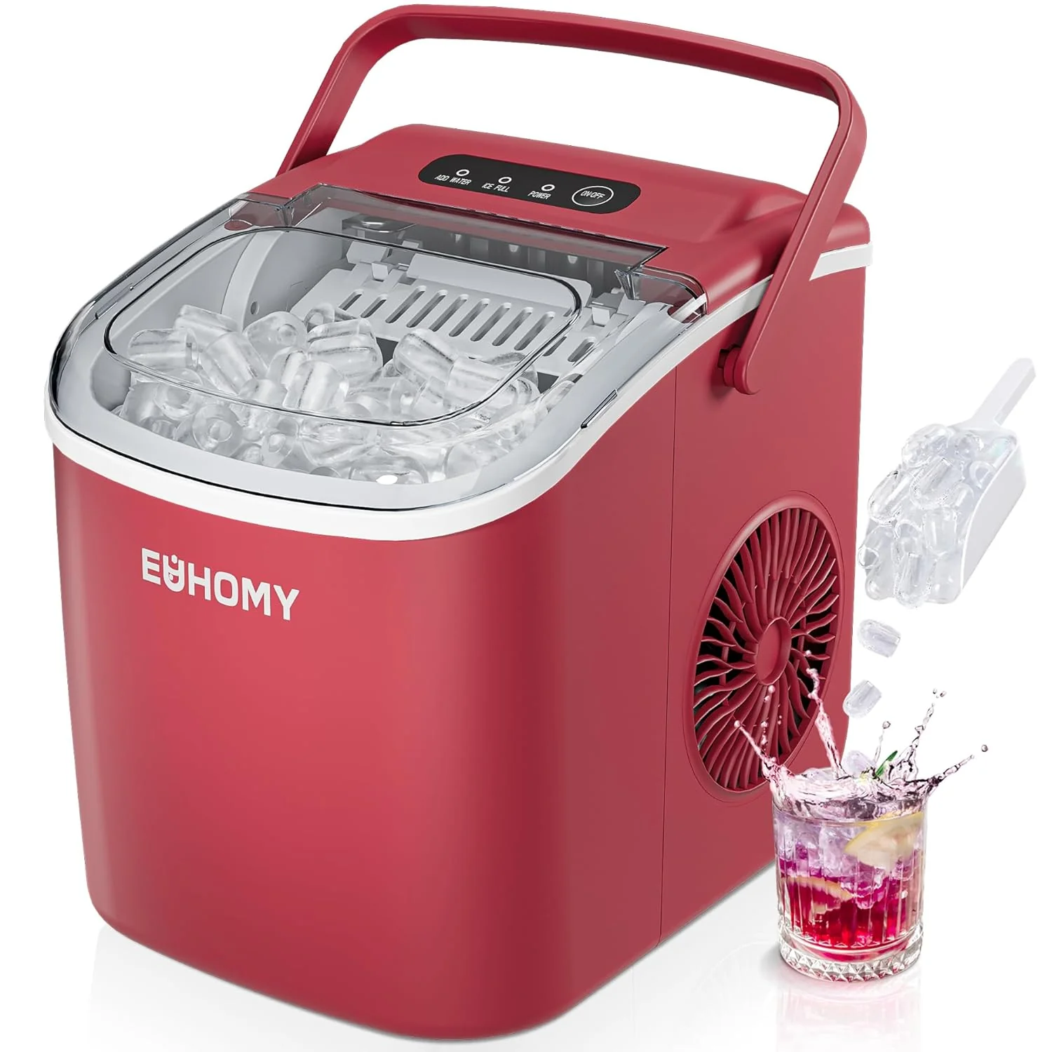 2026 EUHOMY 12'' Red Bullet Ice Portable Self-Cleaning Ice Maker with Handle