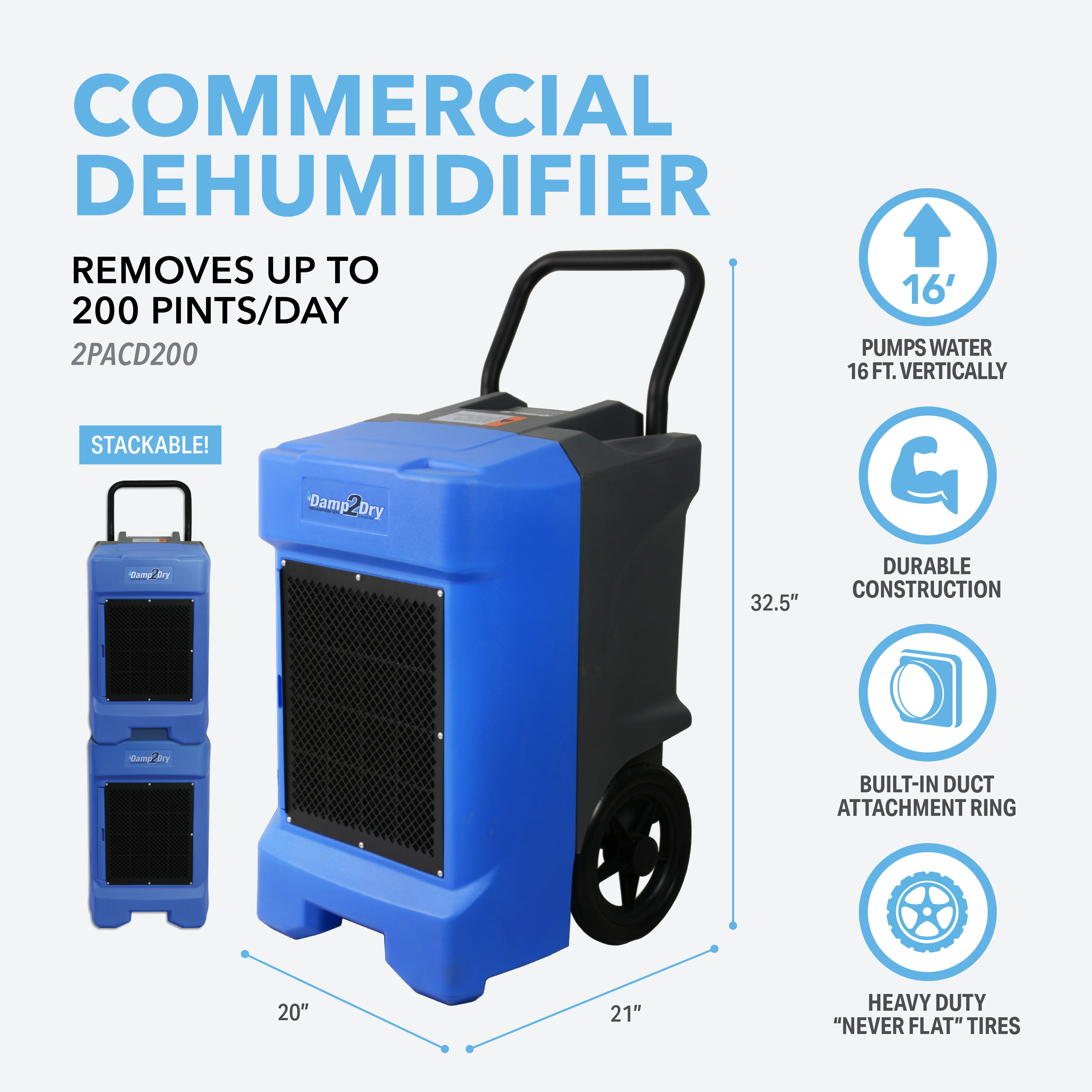 2026 200 Pint Commercial Dehumidifier with Drain Hose for Basements, Garages, Warehouses, and Job Sites