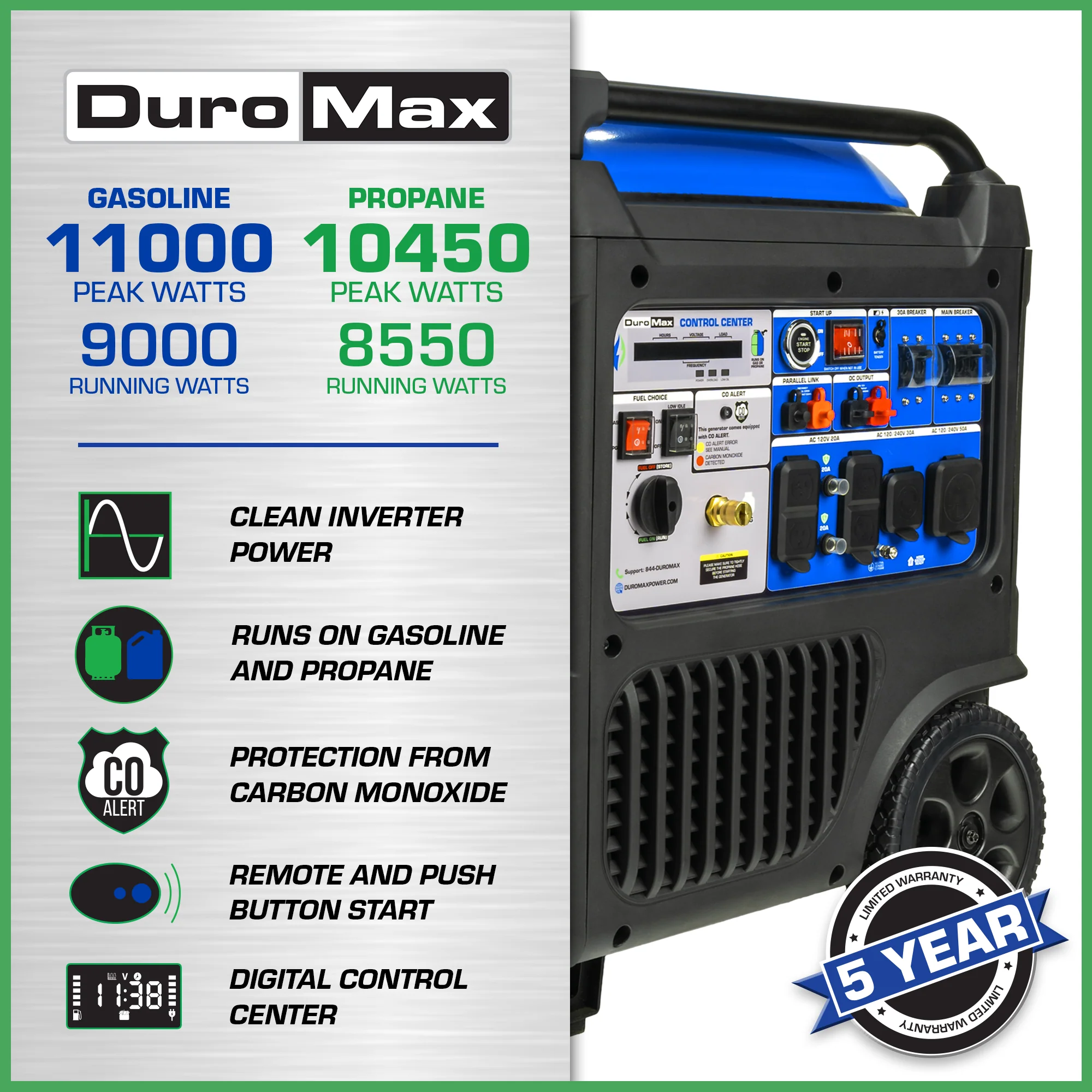 2026 11,000 Watt Portable Dual Fuel Inverter Generator w/ CO Alert