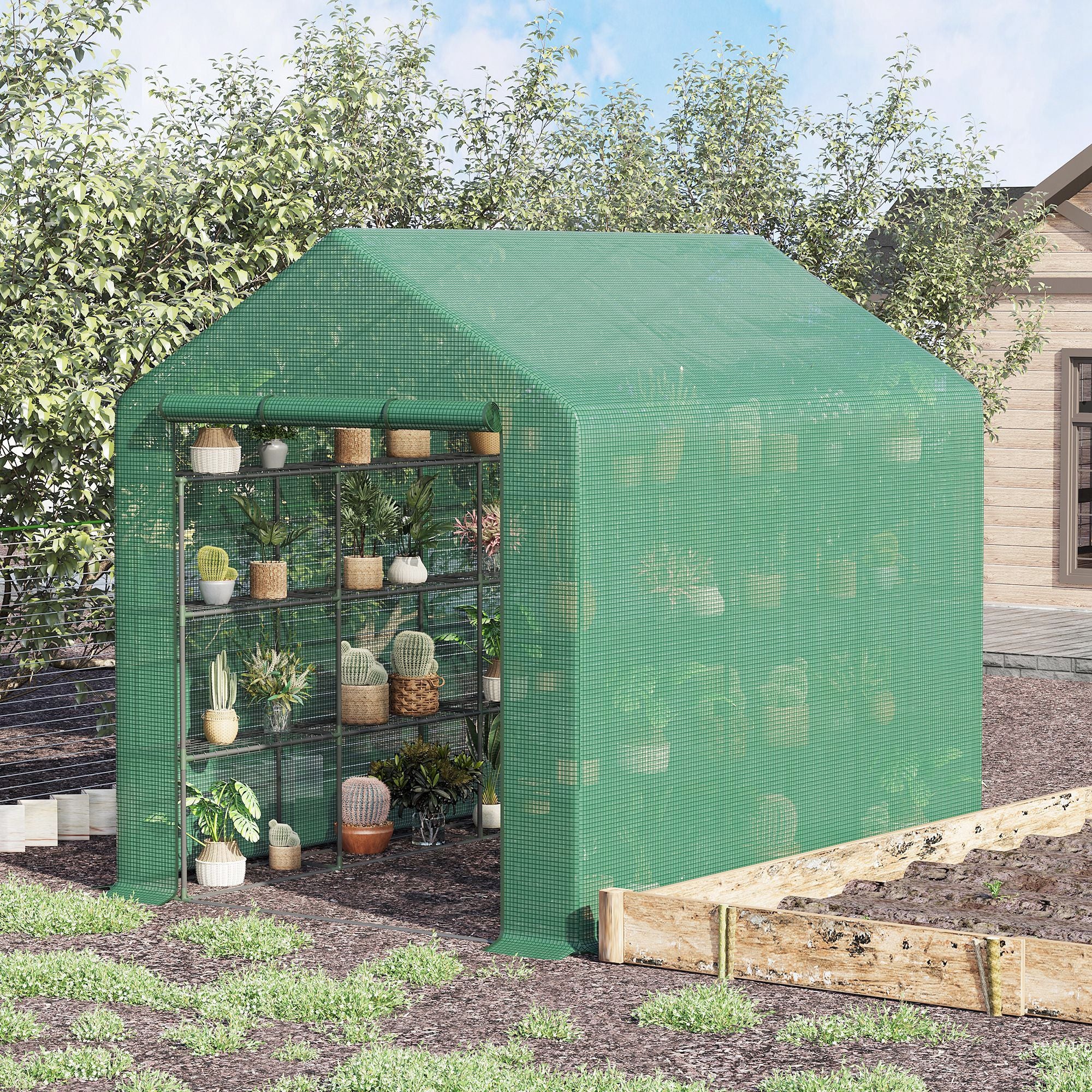 Outsunny Poly Tunnel Walk-in Greenhouse Cover Shelves Garden Plant House 8ft x 6ft x 7ft
