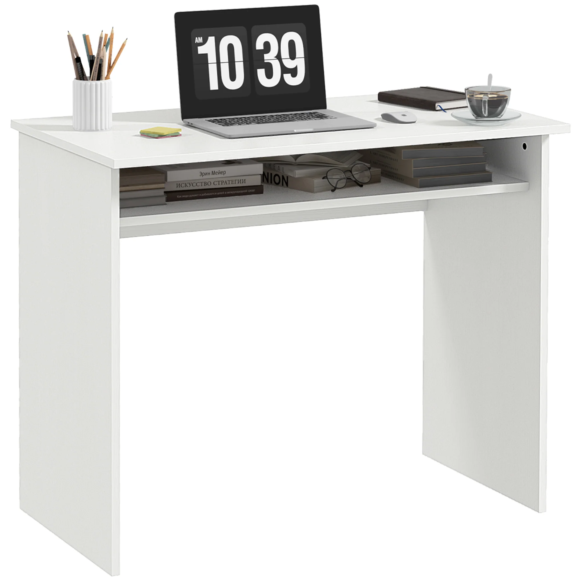 Modern Computer Desk, Small Writing Desk with Storage Shelf, 90 x 50cm, White Wood Grain