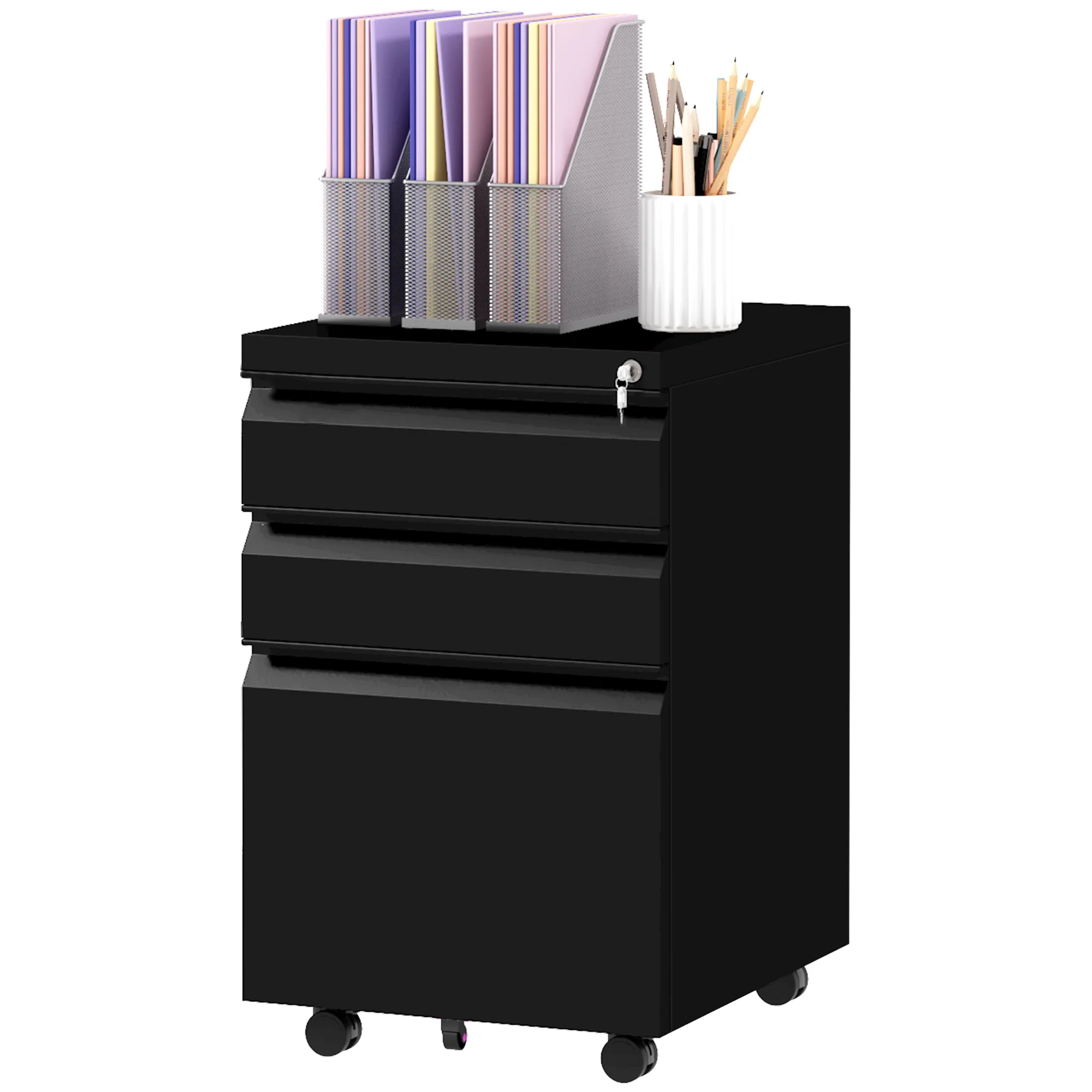 3-Drawer Mobile File Cabinet, Steel Lockable Under Desk Drawers, 37 x 43.5 x 60cm, Black