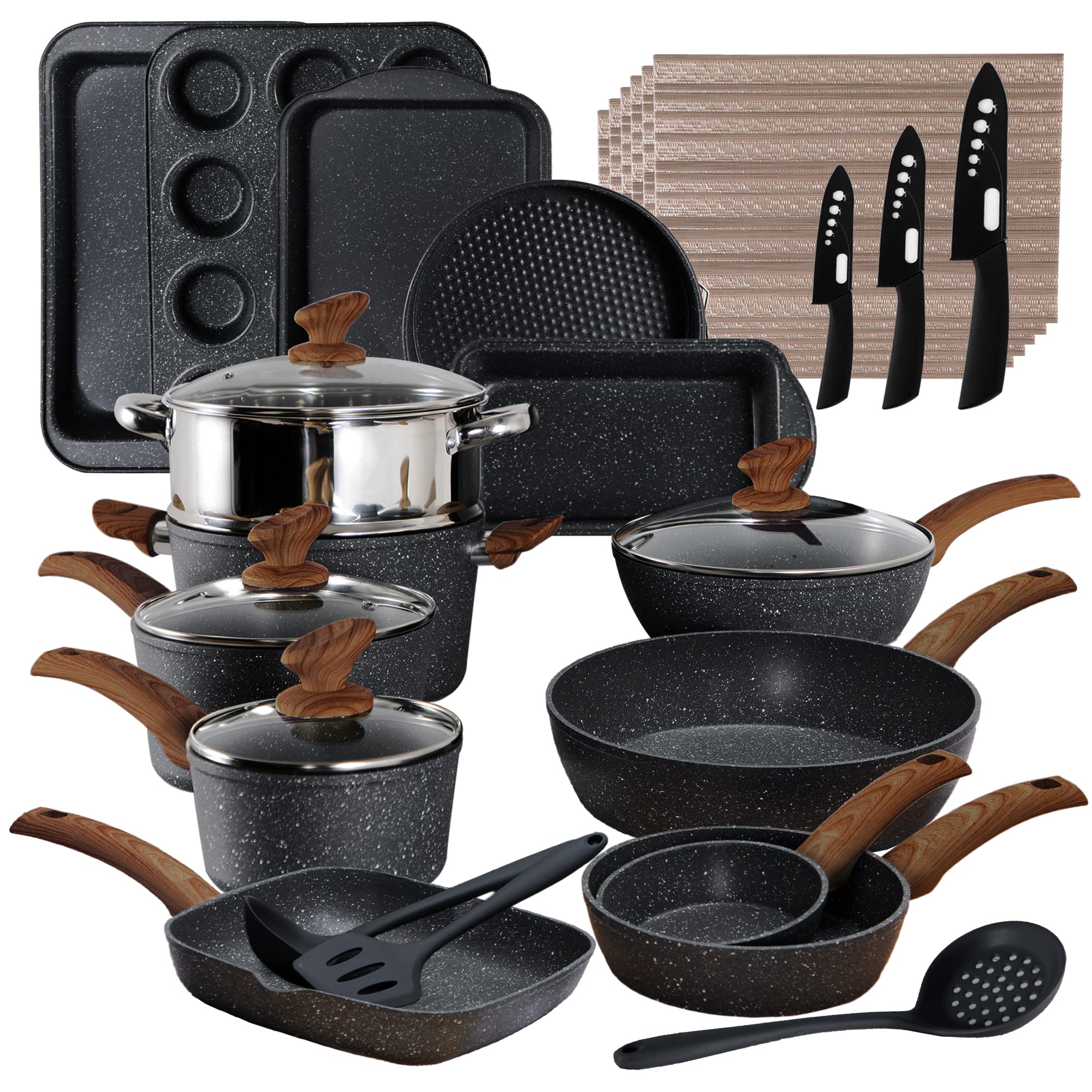 Cookware Set-17 Piece Non-stick Cooking Pan Set, Black Granite Pots and Pans Set